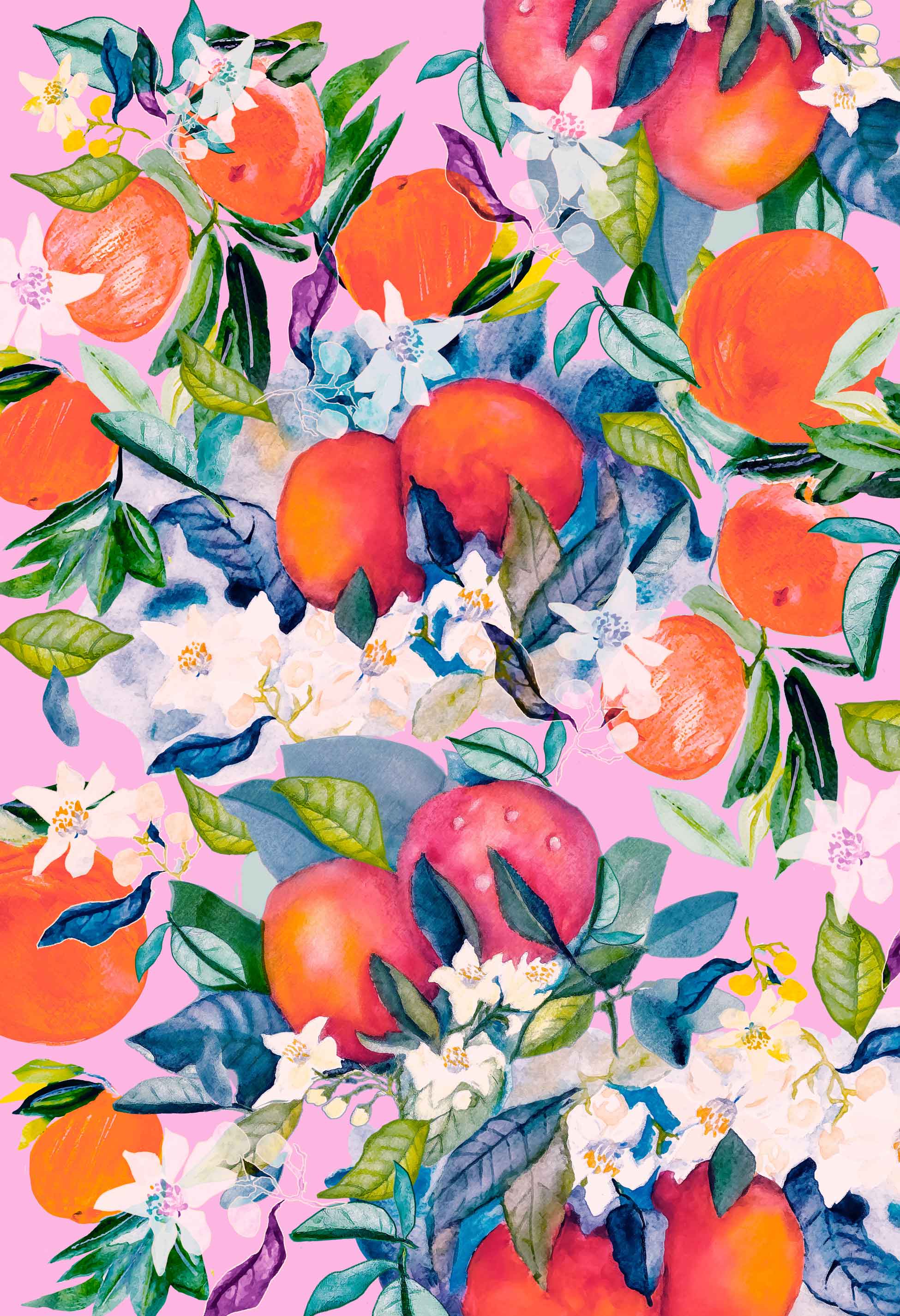 ©Byheart Design Sweden FR001 — Orange Delight, watercolor fruit print in pink colorway. 33x48 cm seamless repeat, 300 DPI. Available for B2B licensing.