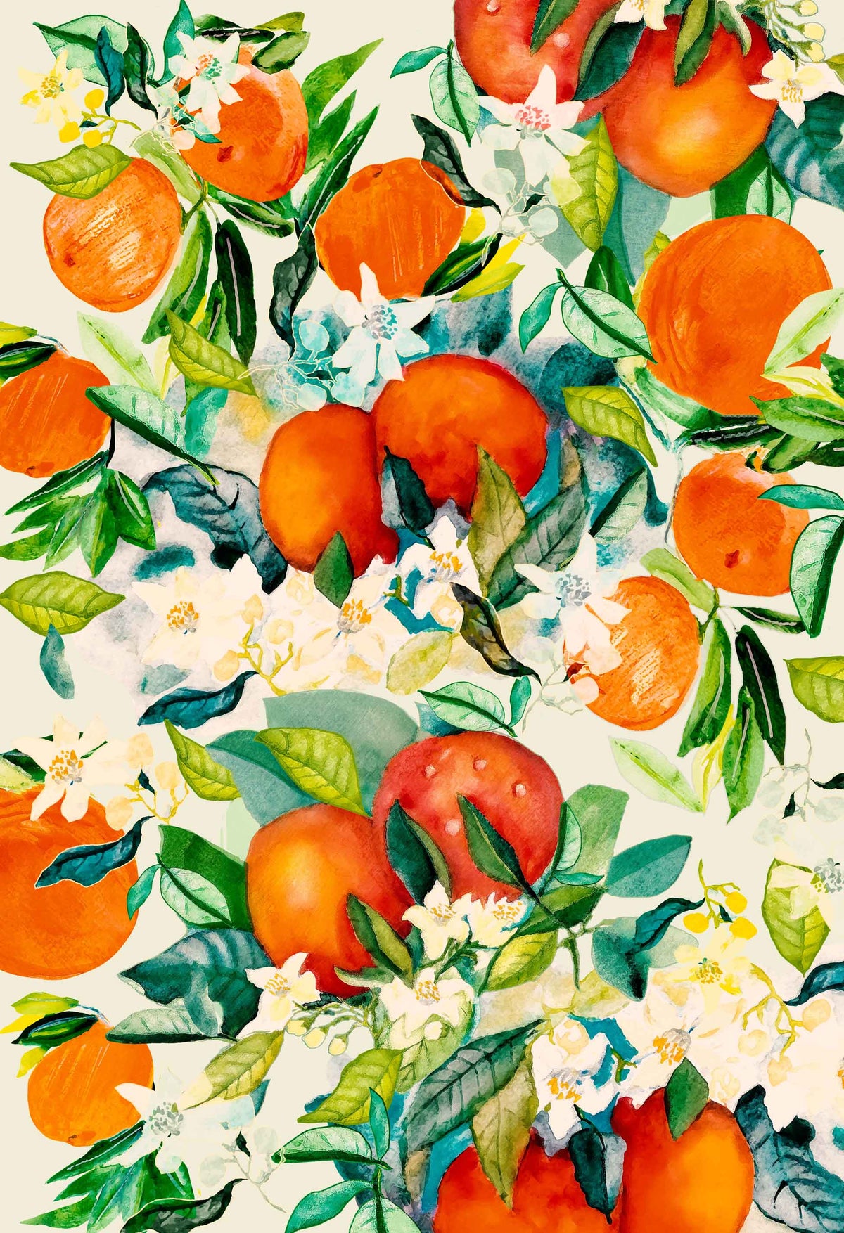 ©Byheart Design Sweden FR001 — Orange Delight, watercolor fruit print in yellow colorway. 33x48 cm seamless repeat, 300 DPI. Available for B2B licensing.