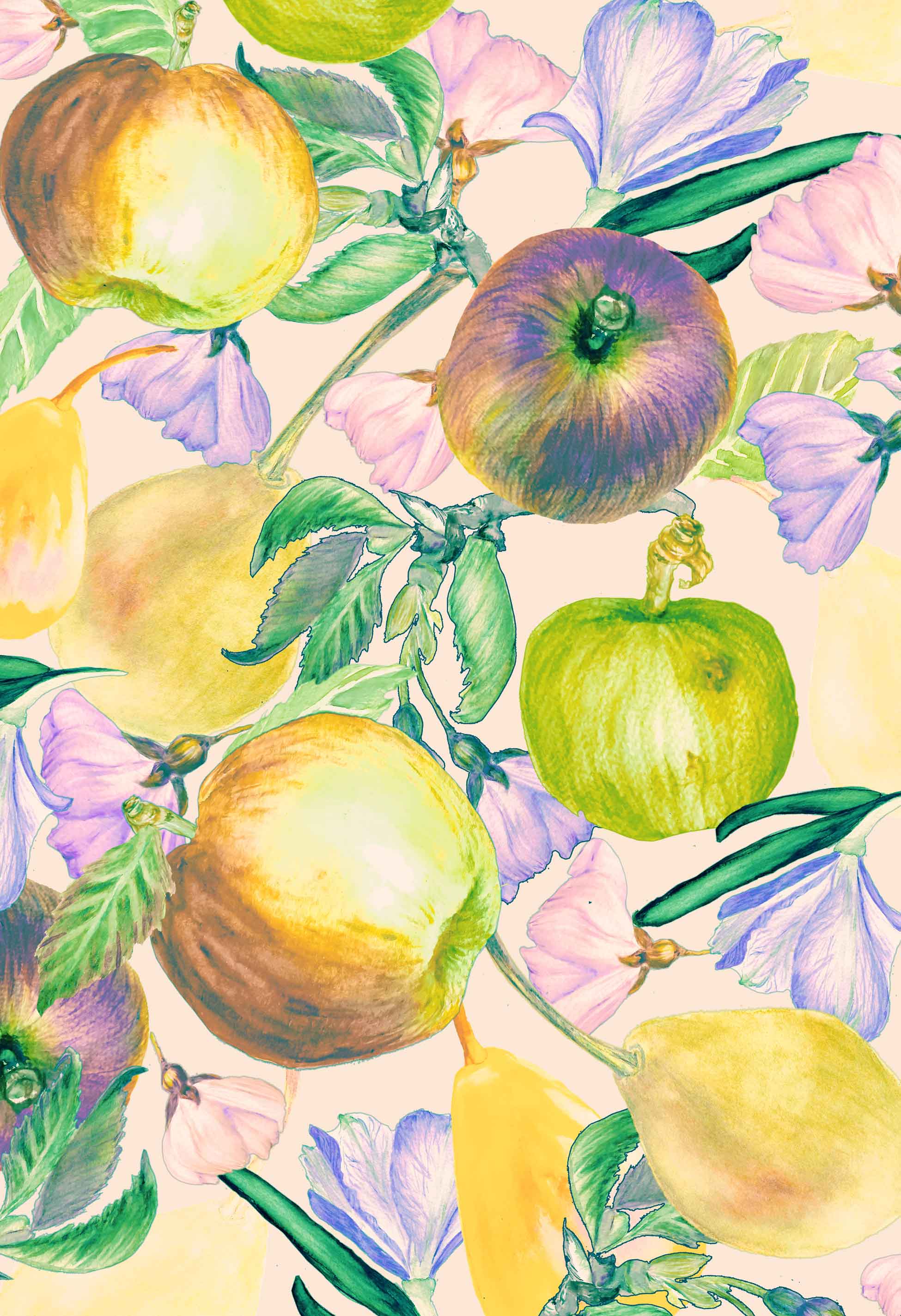 ©Byheart Design Sweden FR002 — Apple Garden, watercolor fruit print in antique pink colorway. 300 DPI. Available for B2B licensing.