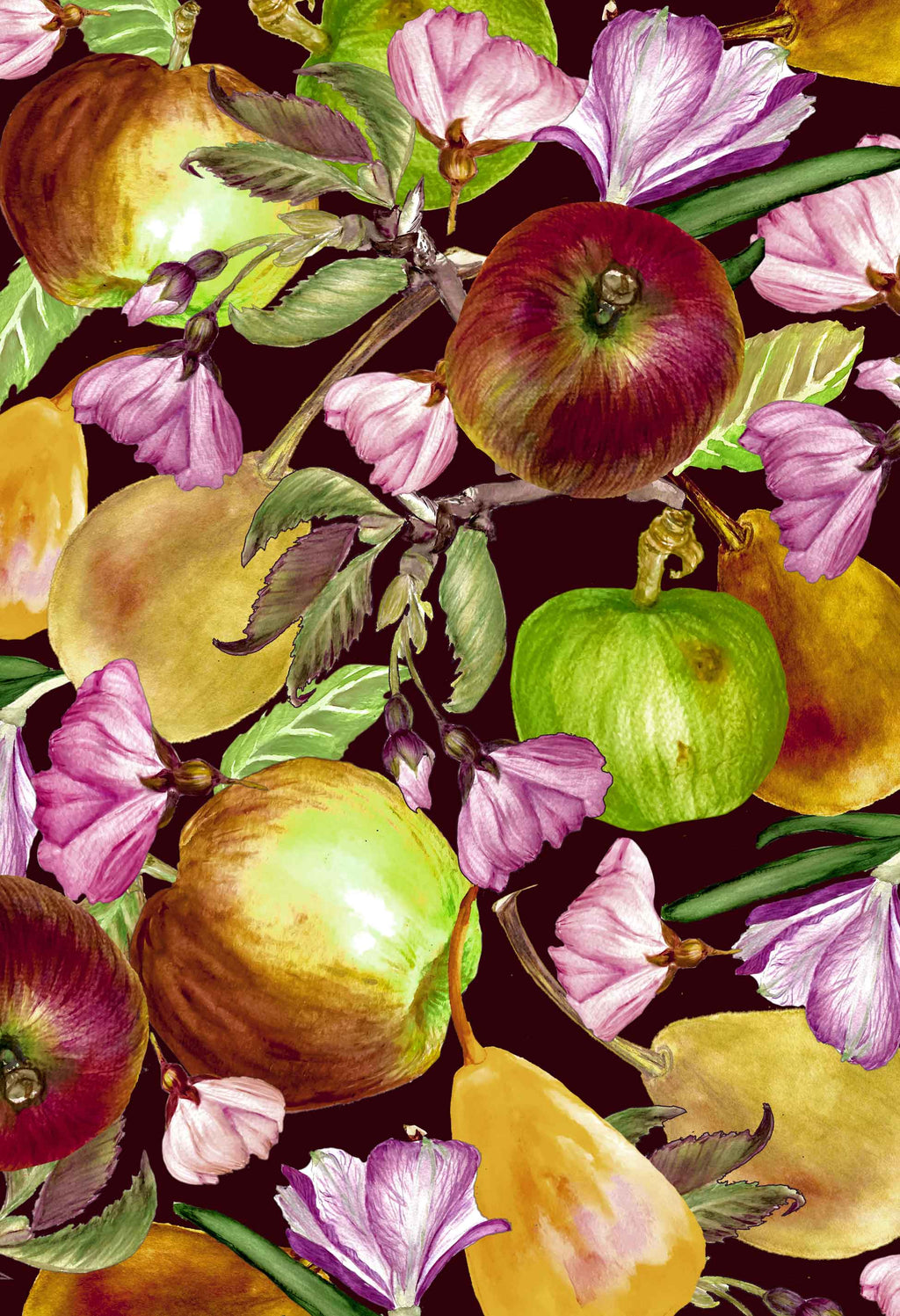 ©Byheart Design Sweden FR002 — Apple Garden, watercolor fruit print in dark brown colorway. 300 DPI. Available for B2B licensing.