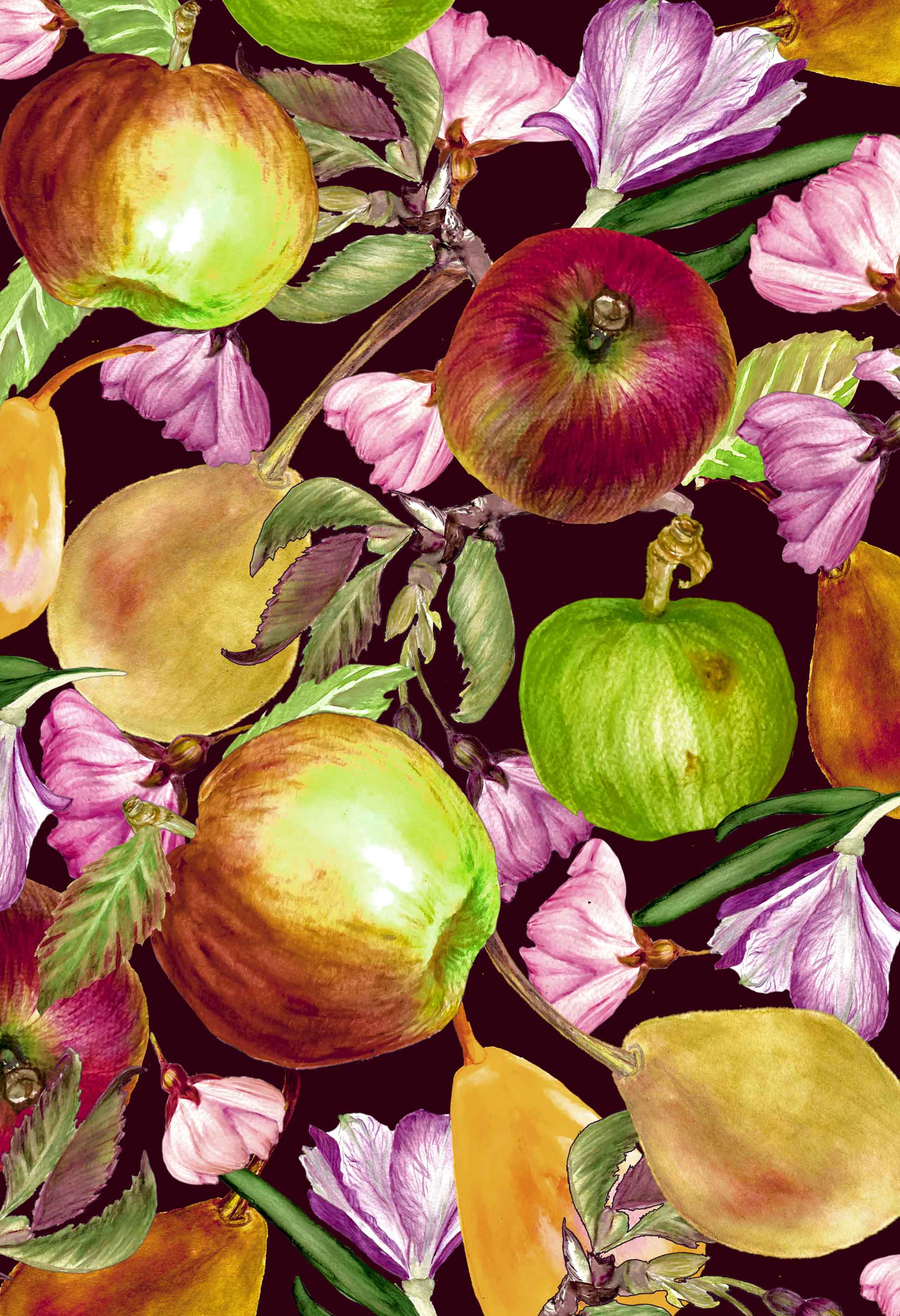 ©Byheart Design Sweden FR002 — Apple Garden, watercolor fruit print in dark brown colorway. 300 DPI. Available for B2B licensing
