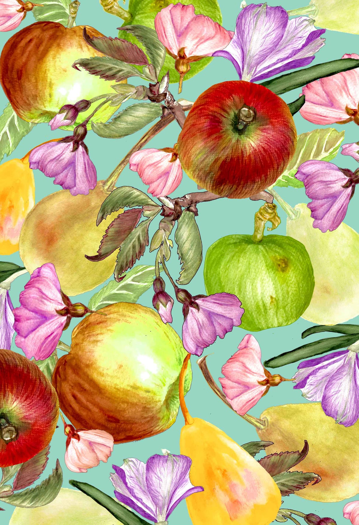 ©Byheart Design Sweden FR002 — Apple Garden, watercolor fruit print in green colorway. 300 DPI. Available for B2B licensing.