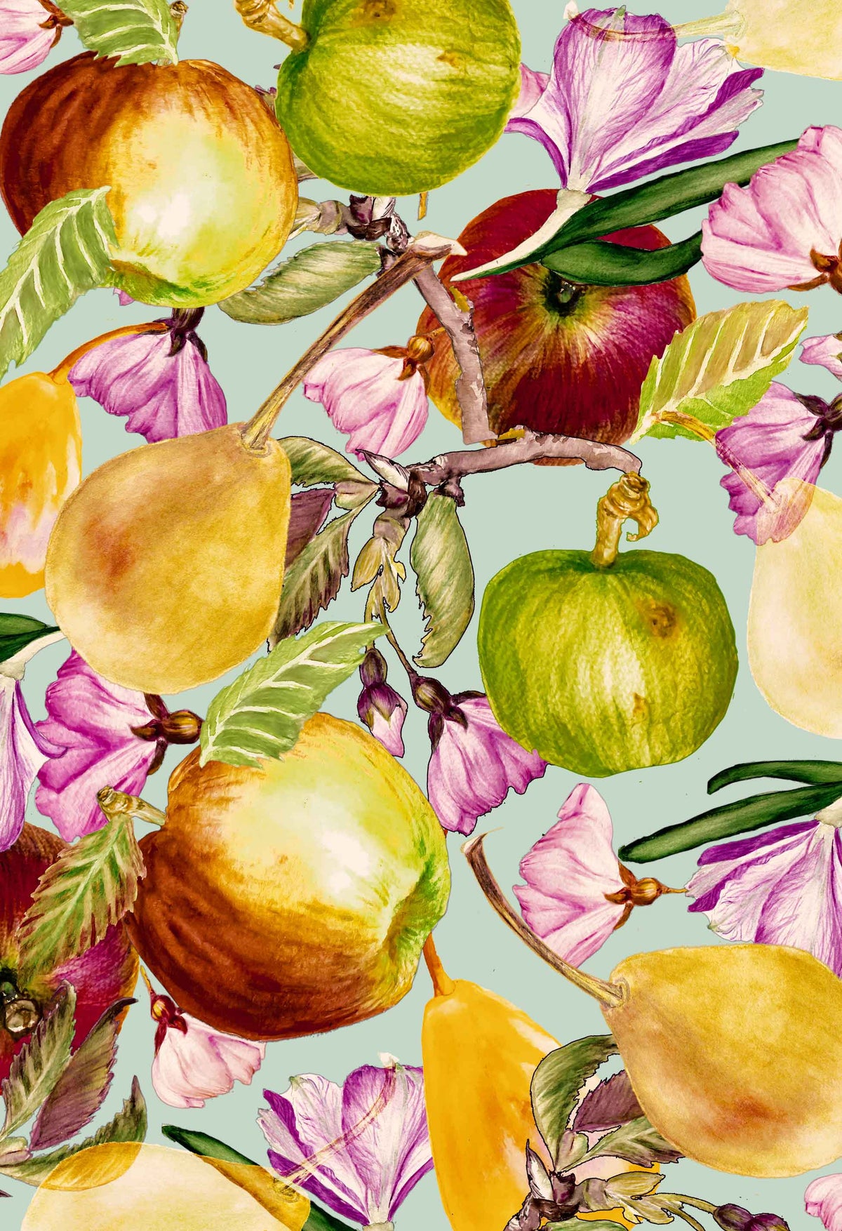 ©Byheart Design Sweden FR002 — Apple Garden, watercolor fruit print in green pastel colorway. 300 DPI. Available for B2B licensing.