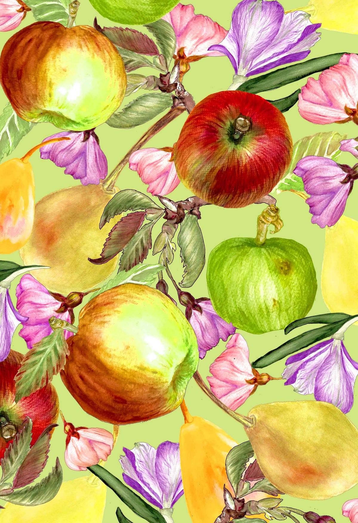 ©Byheart Design Sweden FR002 — Apple Garden, watercolor fruit print in light green colorway. 300 DPI. Available for B2B licensing.