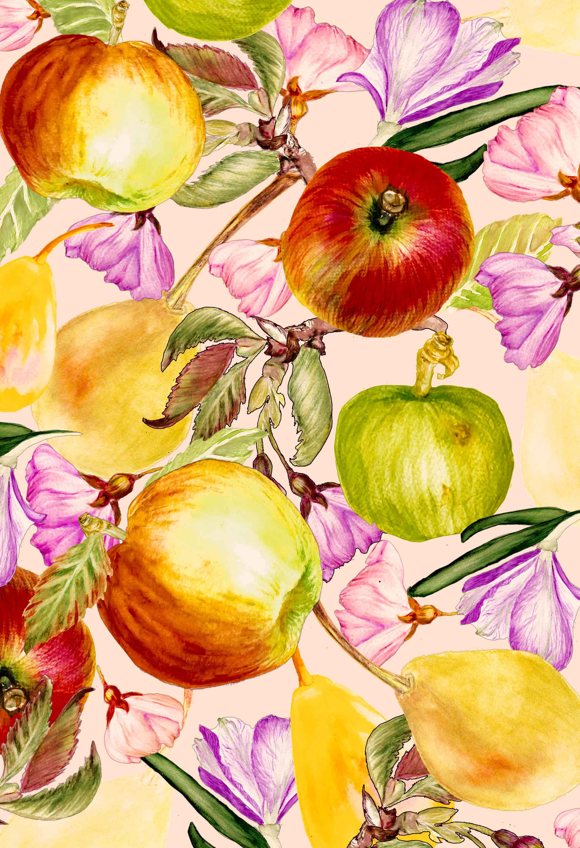 ©Byheart Design Sweden FR002 — Apple Garden, watercolor fruit print in peach pink colorway. 300 DPI. Available for B2B licensing.

