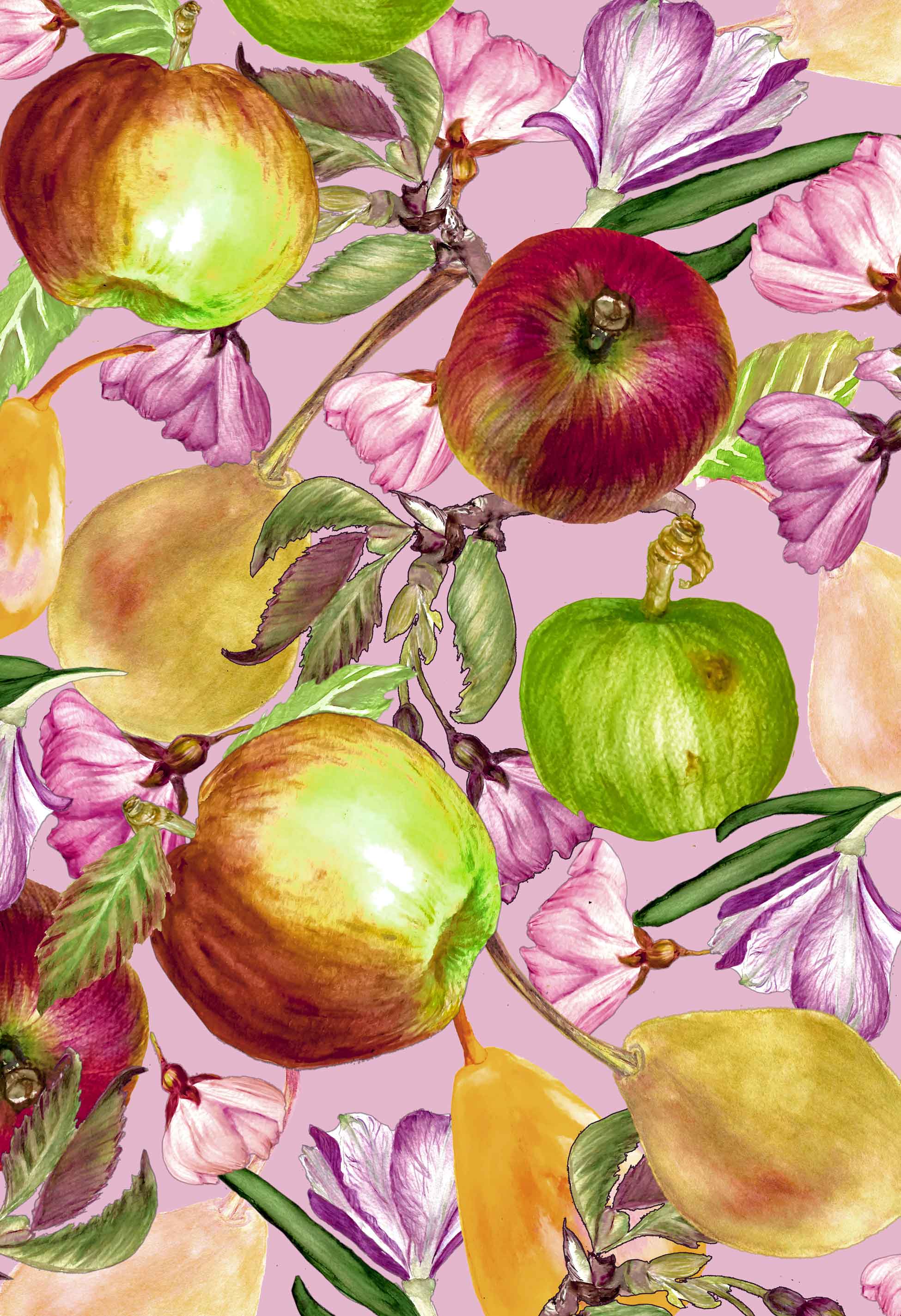 ©Byheart Design Sweden FR002 — Apple Garden, watercolor fruit print in pink colorway. 300 DPI. Available for B2B licensing.

