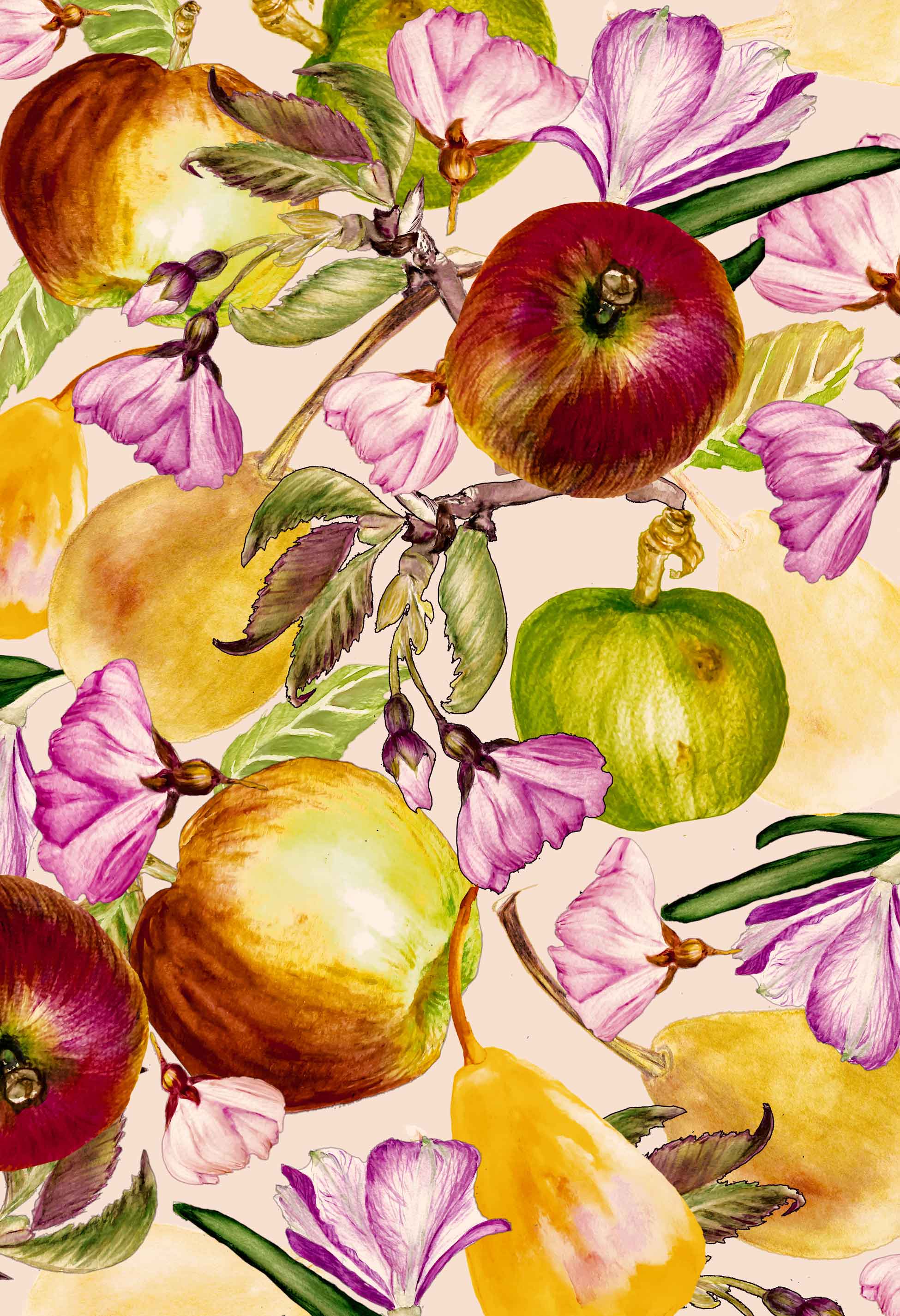 ©Byheart Design Sweden FR002 — Apple Garden, watercolor fruit print in peach pink colorway. 300 DPI. Available for B2B licensing.