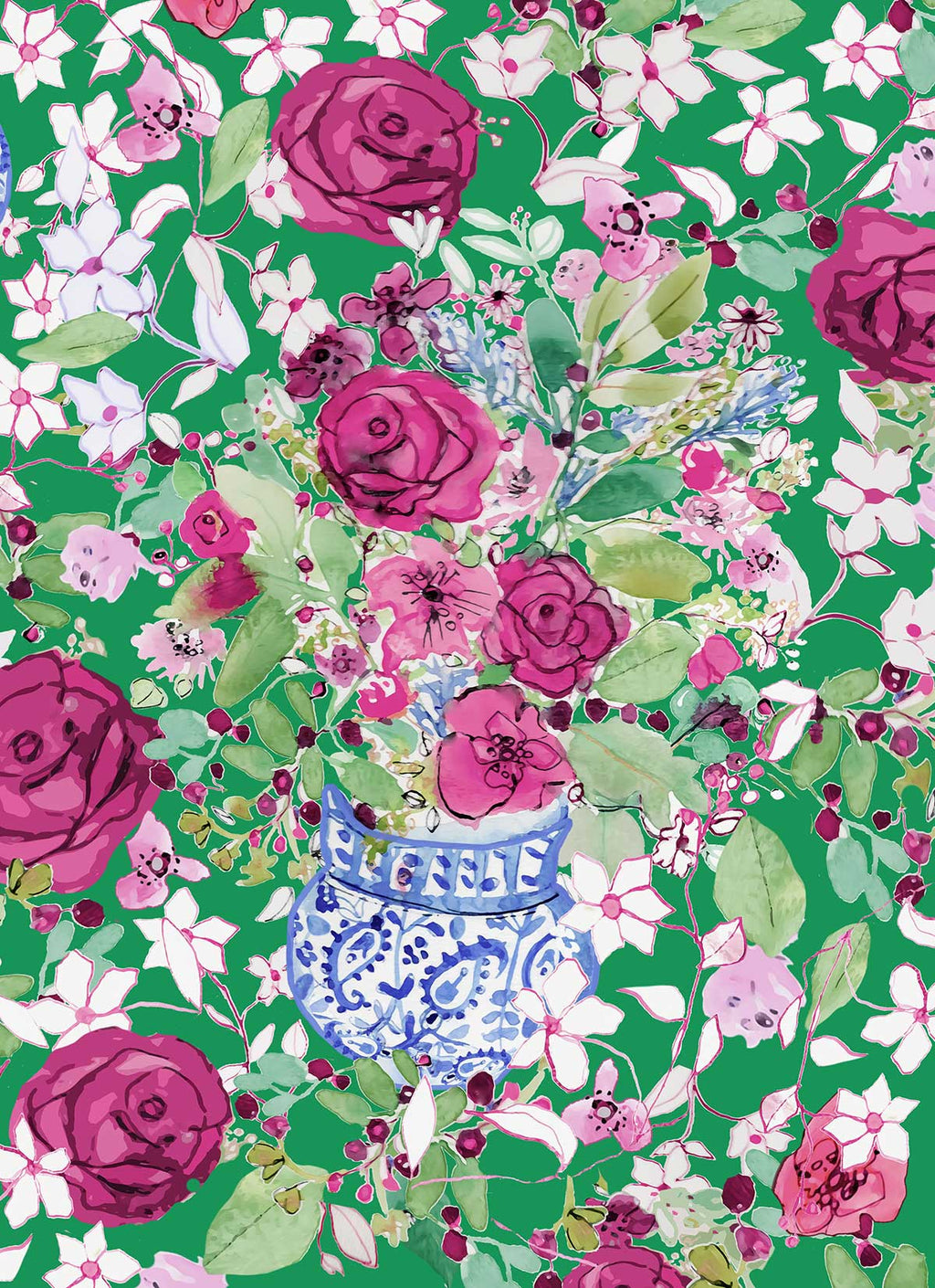 ©Byheart Design Sweden FL0010 — Spanish Flowers, watercolor floral print in sea green  colorway. Seamless repeat, 300 DPI. Available for B2B licensing.