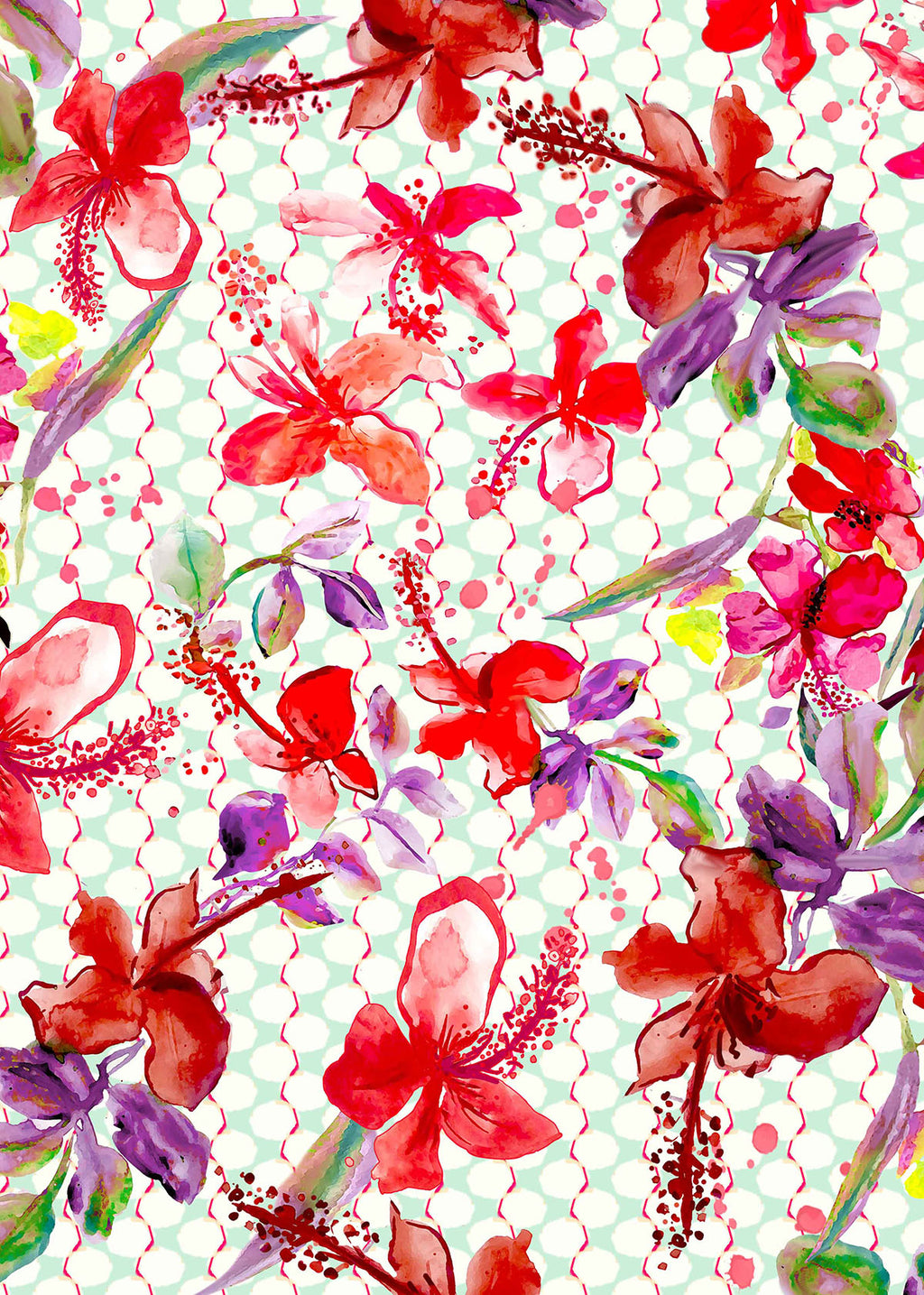 ©Byheart Design Sweden FL0014 — Tropical Garden Mexico, watercolor floral print in dot red colorway. 64×64 cm seamless repeat, 300 DPI. Available for B2B licensing.

Röd/dot: