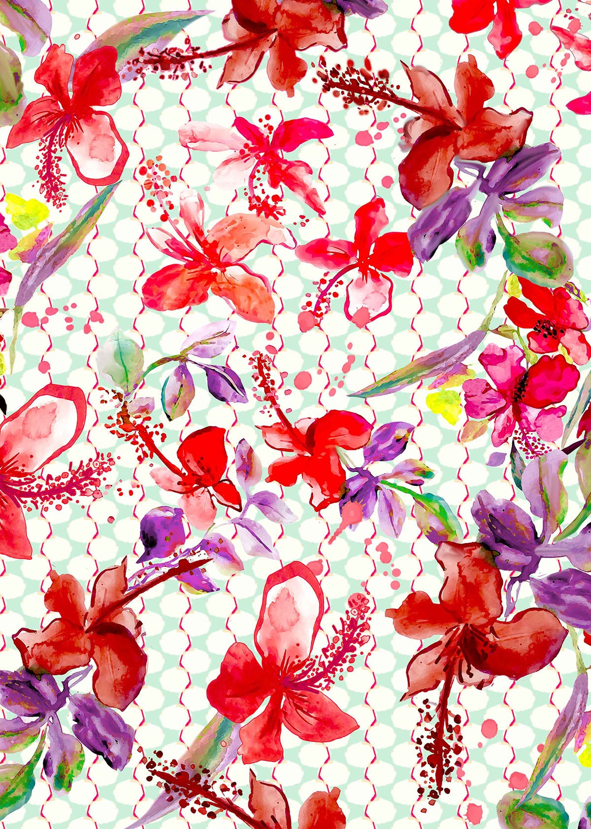 ©Byheart Design Sweden FL0014 — Tropical Garden Mexico, watercolor floral print in dot red colorway. 64×64 cm seamless repeat, 300 DPI. Available for B2B licensing.

Röd/dot: