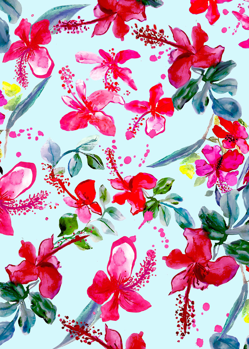 ©Byheart Design Sweden FL0014 — Tropical Garden Mexico, watercolor floral print in light blue colorway. Seamless repeat, 300 DPI. Available for B2B licensing.

Röd/dot: