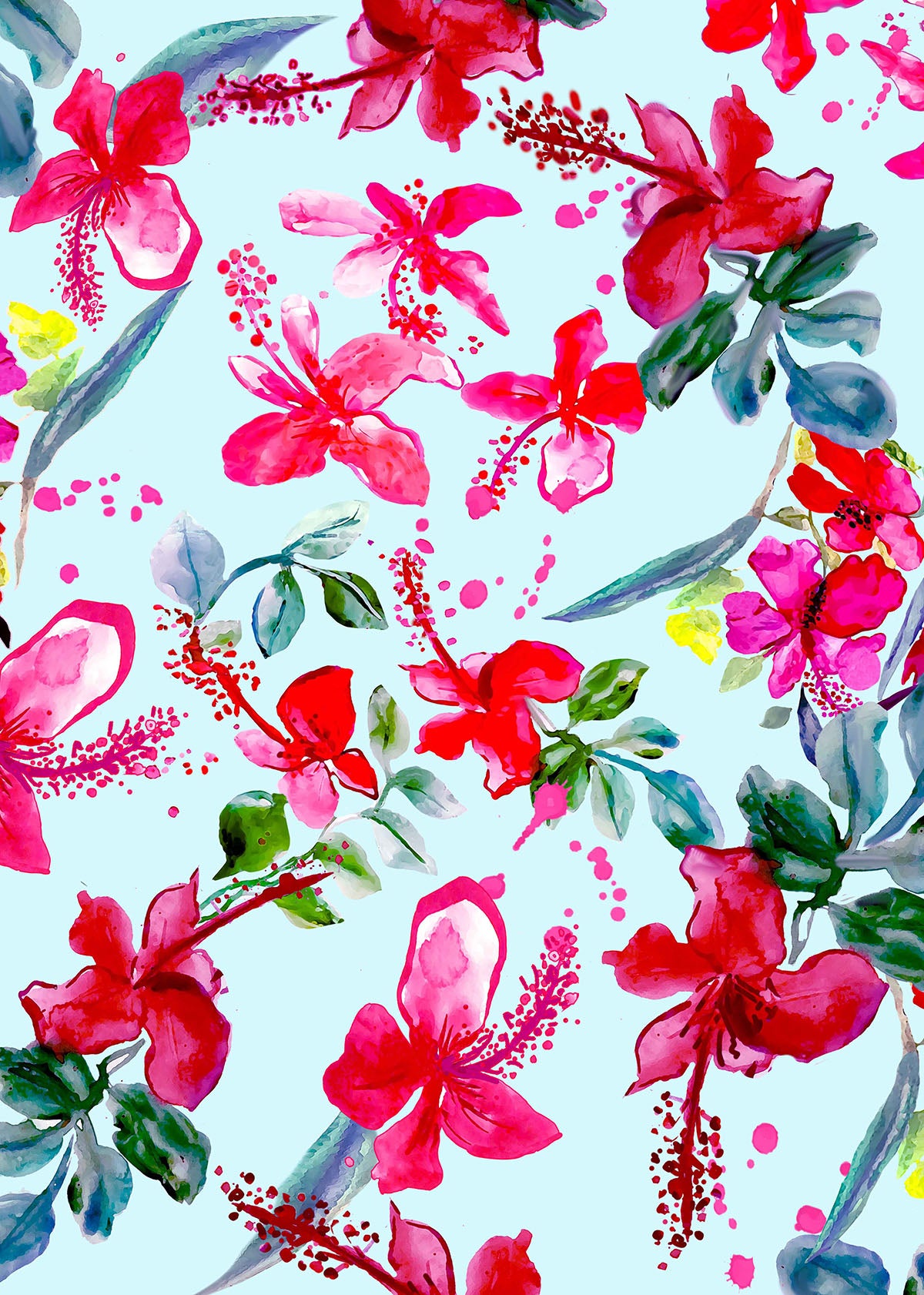 ©Byheart Design Sweden FL0014 — Tropical Garden Mexico, watercolor floral print in light blue colorway. Seamless repeat, 300 DPI. Available for B2B licensing.

Röd/dot: