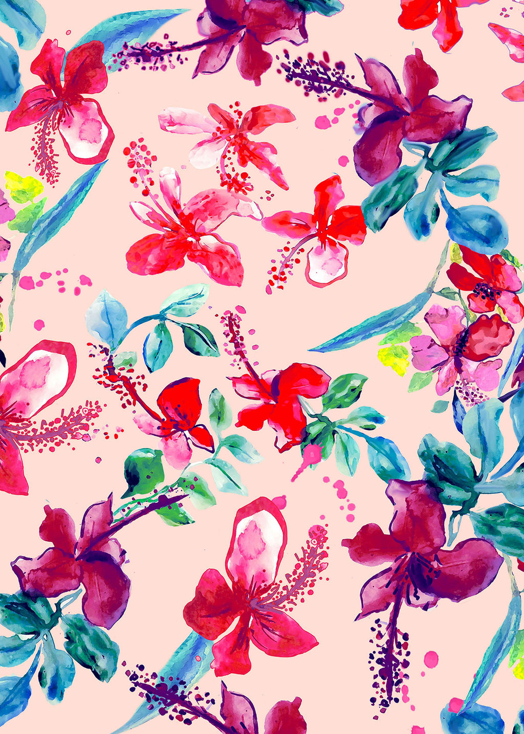 ©Byheart Design Sweden FL0014 — Tropical Garden Mexico, watercolor floral print in light peach colorway. 64×64 cm seamless repeat, 300 DPI. Available for B2B licensing.

Röd/dot: