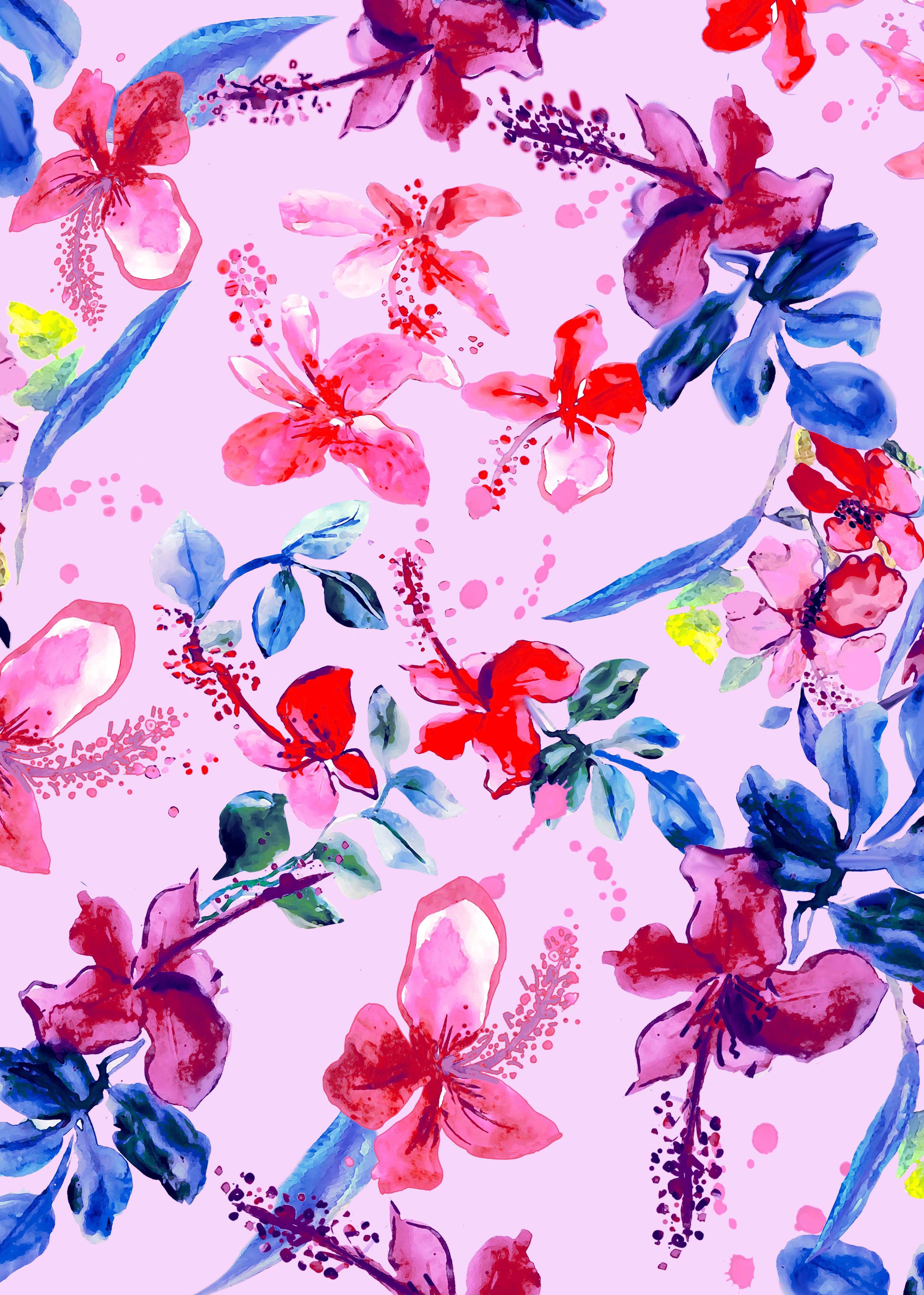 ©Byheart Design Sweden FL0014 — Tropical Garden Mexico, watercolor floral print in light purple -blue colorway. 64×64 cm seamless repeat, 300 DPI. Available for B2B licensing.