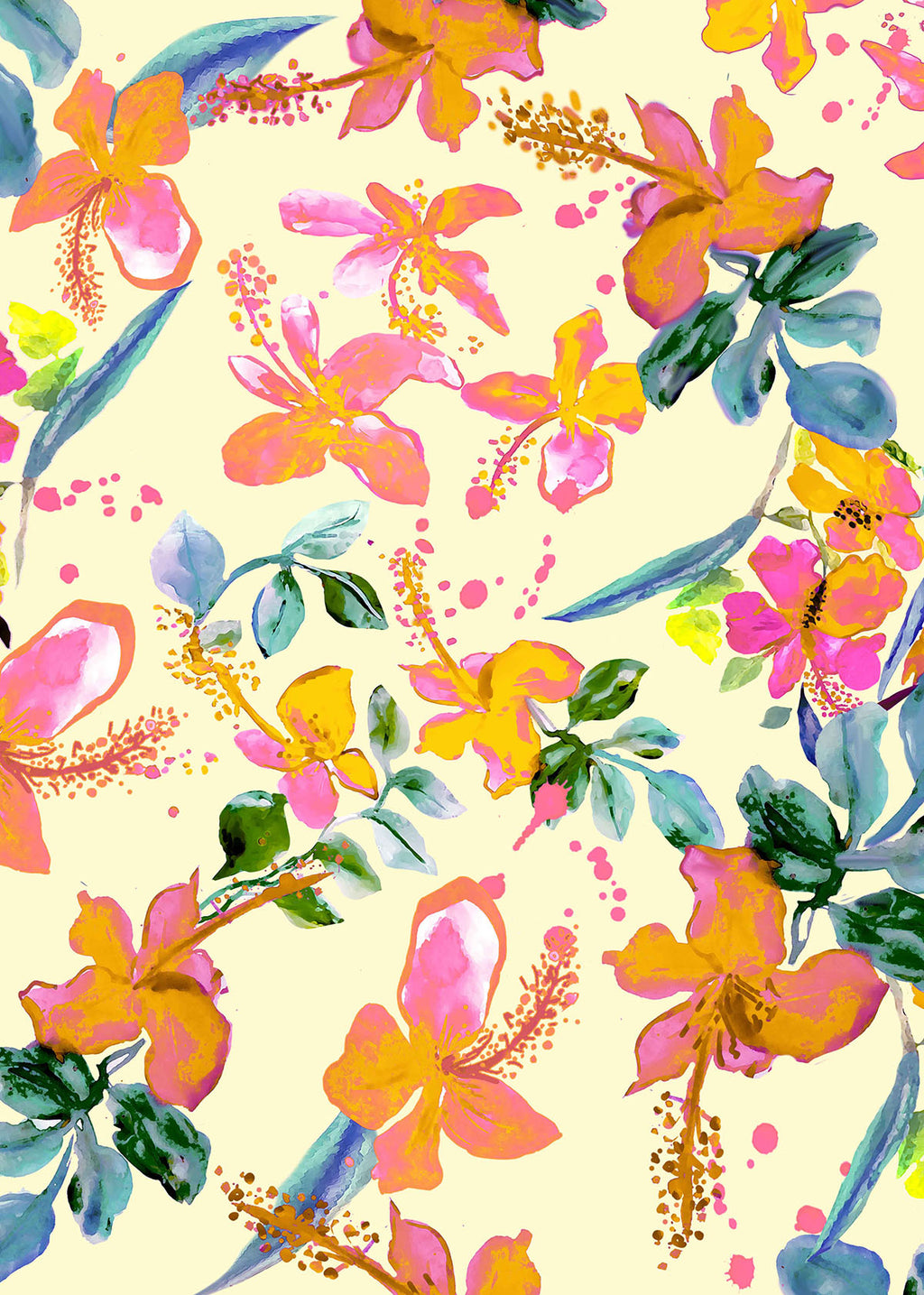 ©Byheart Design Sweden FL0014 — Tropical Garden Mexico, watercolor floral print in oraange colorway. 64×64 cm seamless repeat, 300 DPI. Available for B2B licensing.

Röd/dot:
