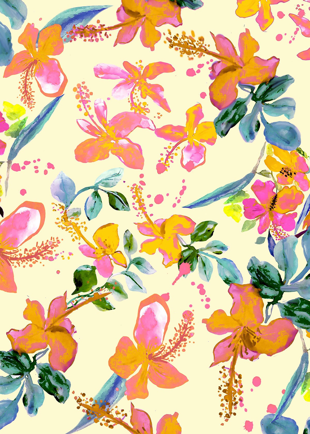 ©Byheart Design Sweden FL0014 — Tropical Garden Mexico, watercolor floral print in oraange colorway. 64×64 cm seamless repeat, 300 DPI. Available for B2B licensing.

Röd/dot: