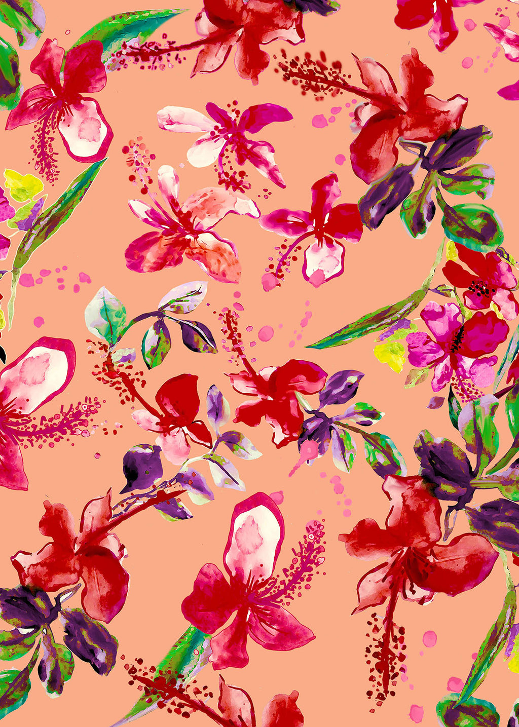©Byheart Design Sweden FL0014 — Tropical Garden Mexico, watercolor floral print in orange-red  colorway. 64×64 cm seamless repeat, 300 DPI. Available for B2B licensing.

Röd/dot:
