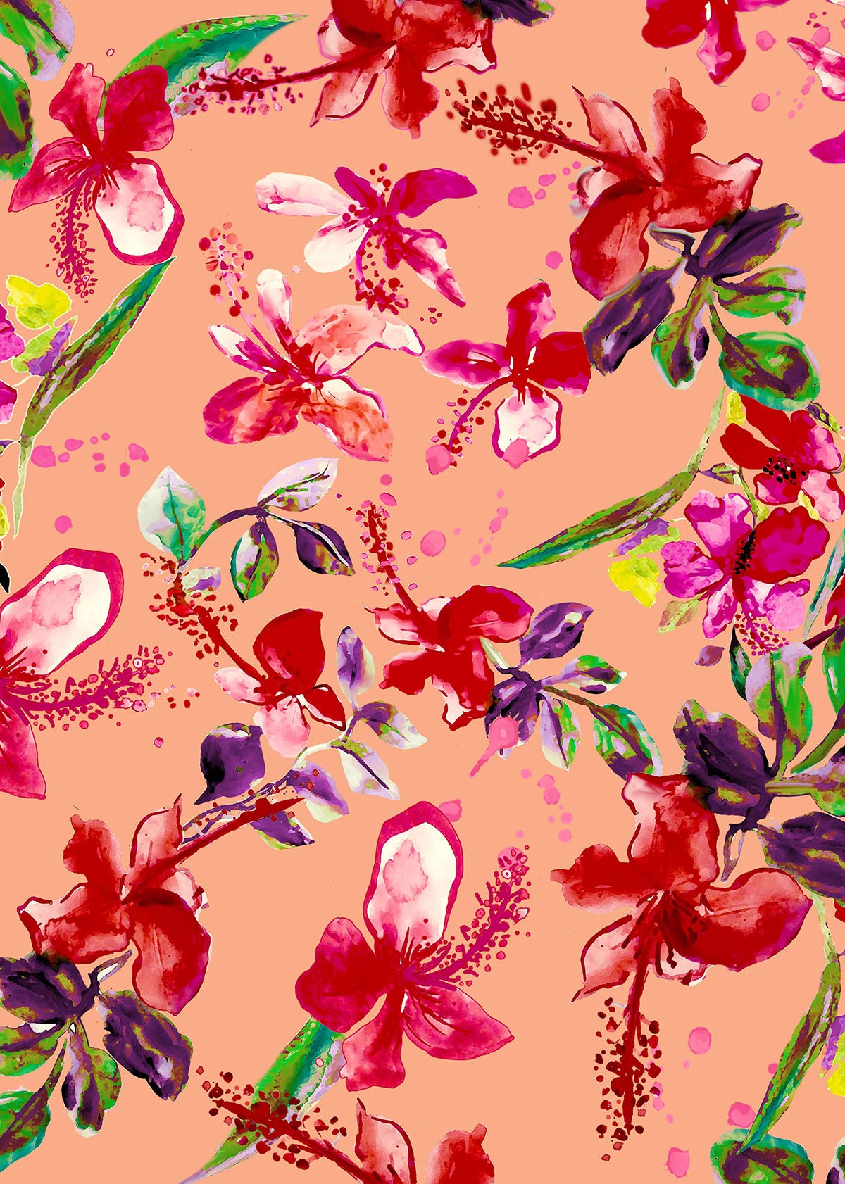 ©Byheart Design Sweden FL0014 — Tropical Garden Mexico, watercolor floral print in orange-red  colorway. 64×64 cm seamless repeat, 300 DPI. Available for B2B licensing.

Röd/dot: