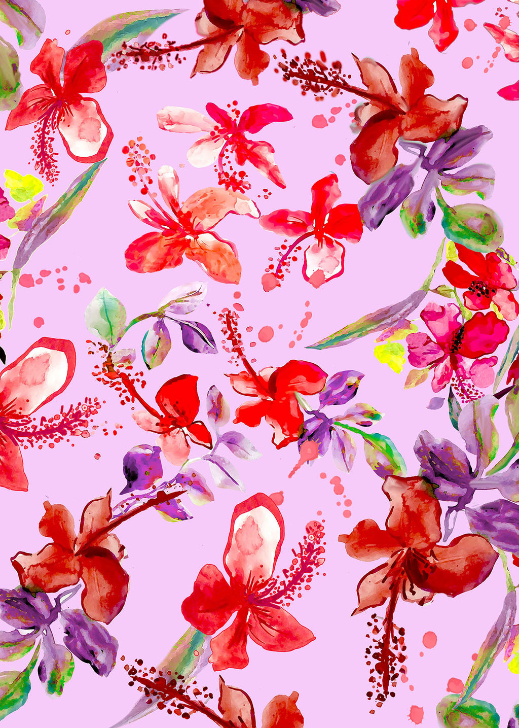 ©Byheart Design Sweden FL0014 — Tropical Garden Mexico, watercolor floral print in pink purple colorway. 64×64 cm seamless repeat, 300 DPI. Available for B2B licensing.

Röd/dot: