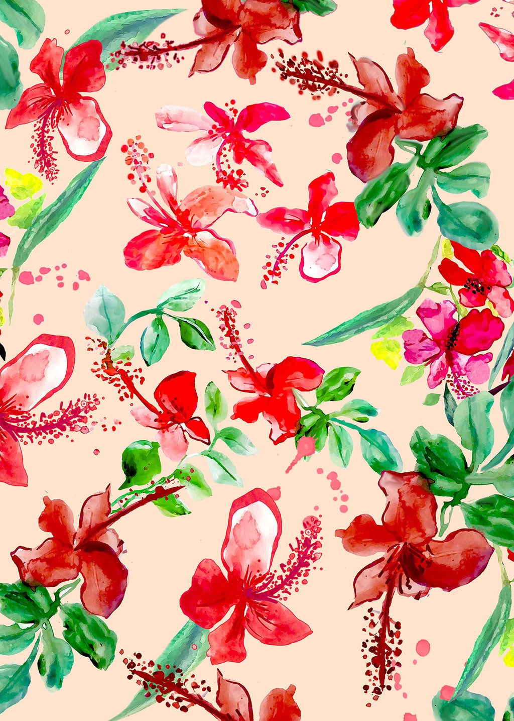 ©Byheart Design Sweden FL0014 — Tropical Garden Mexico, watercolor floral print in red colorway. 64×64 cm seamless repeat, 300 DPI. Available for B2B licensing.

Röd/dot: