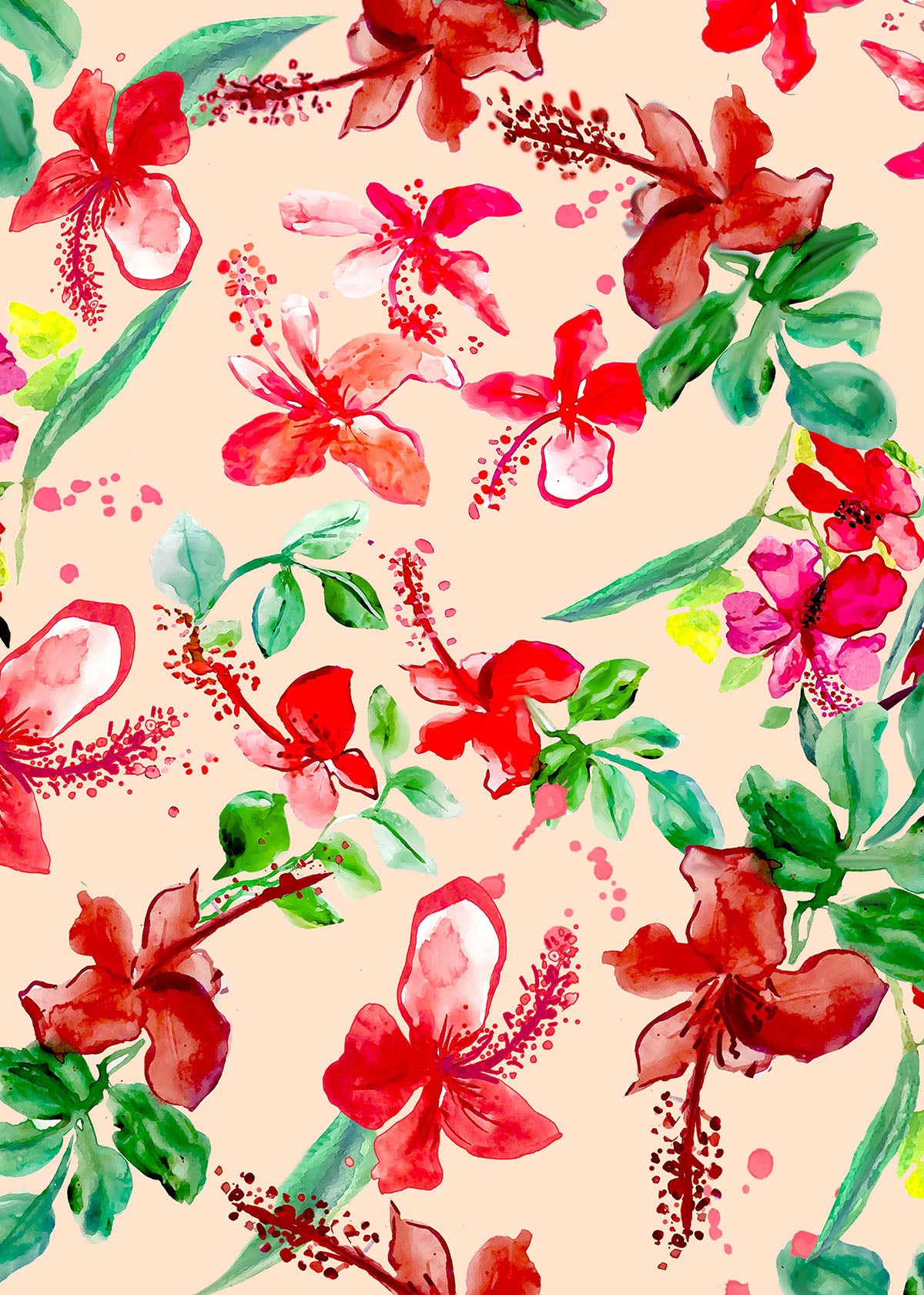 ©Byheart Design Sweden FL0014 — Tropical Garden Mexico, watercolor floral print in red colorway. 64×64 cm seamless repeat, 300 DPI. Available for B2B licensing.

Röd/dot: