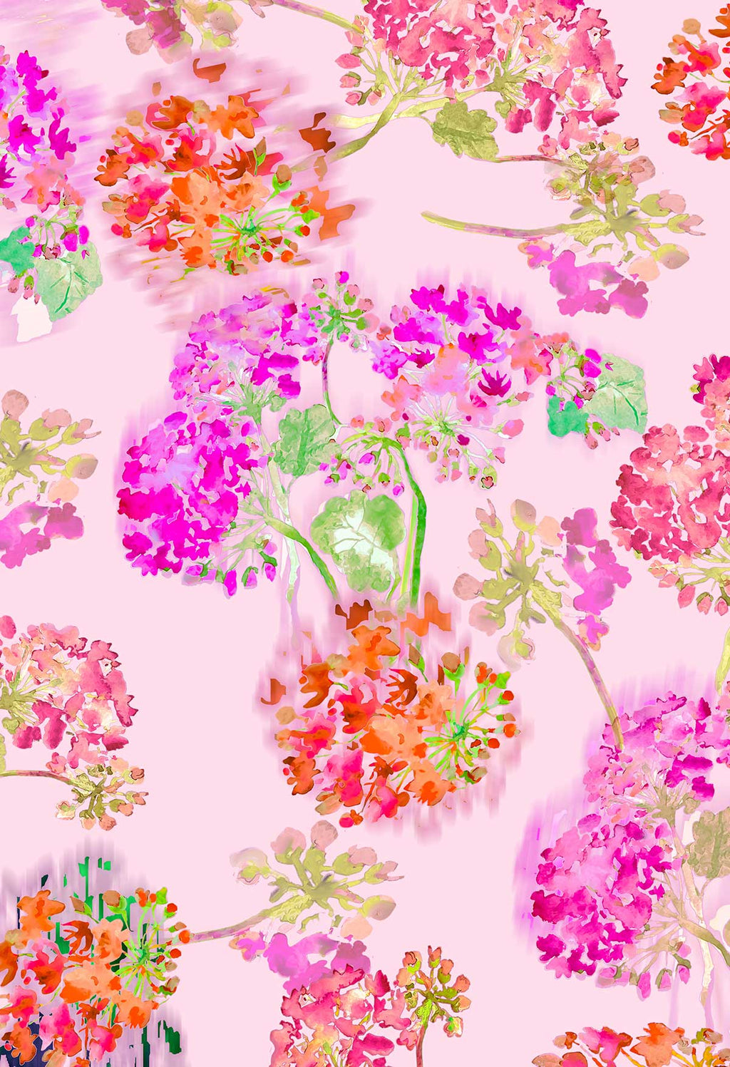 ©Byheart Design Sweden FL0016 — Geraniums Garden, watercolor floral print in w colorway. Seamless repeat, 300 DPI. Available for B2B licensing.pink