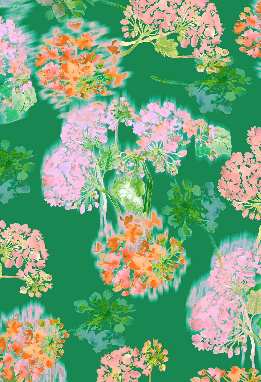 ©Byheart Design Sweden FL0016 — Geraniums Garden, watercolor floral print in green colorway. Seamless repeat, 300 DPI. Available for B2B licensing.