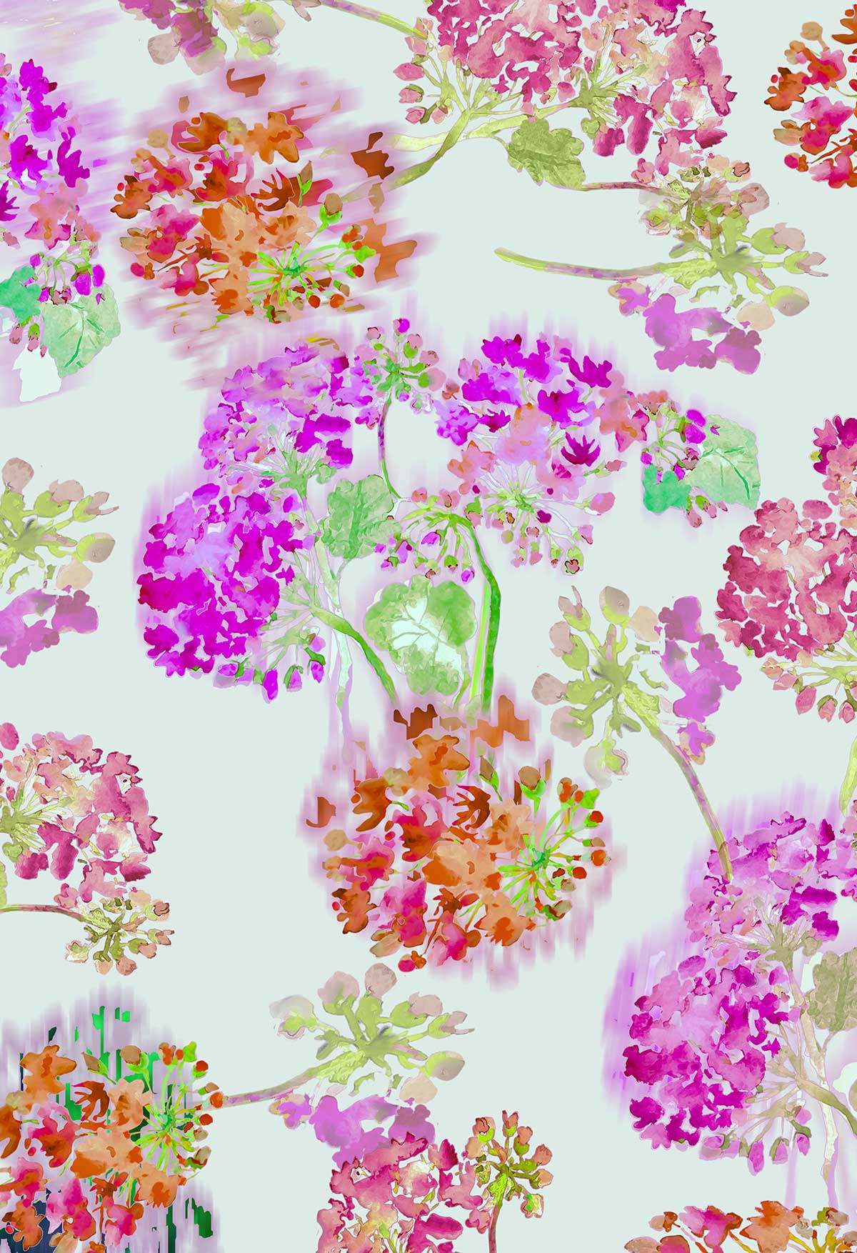 ©Byheart Design Sweden FL0016 — Geraniums Garden, watercolor floral print in  soft vanila white colorway. Seamless repeat, 300 DPI. Available for B2B licensing.