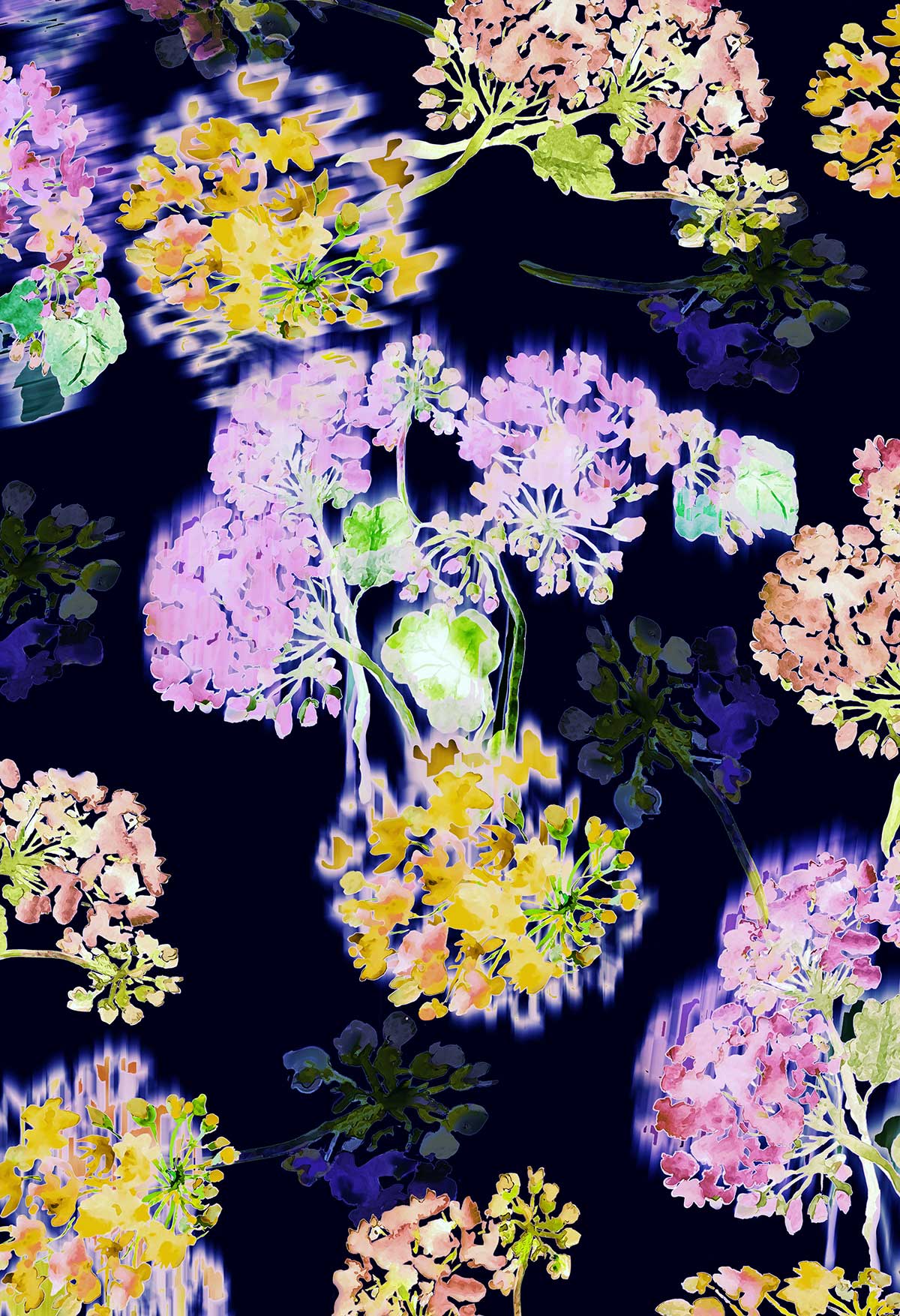 ©Byheart Design Sweden FL0016 — Geraniums Garden, watercolor floral print in colorway. Seamless repeat, 300 DPI. Available for B2B licensing.yellow black 