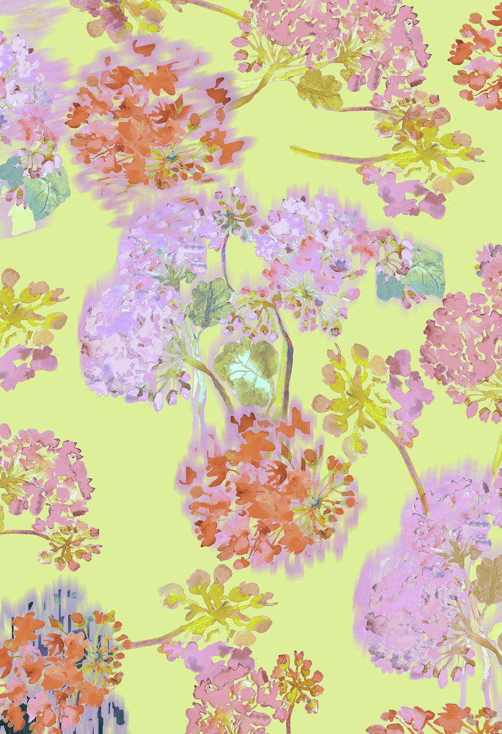 ©Byheart Design Sweden FL0016 — Geraniums Garden, watercolor floral print in yellow colorway. Seamless repeat, 300 DPI. Available for B2B licensing.