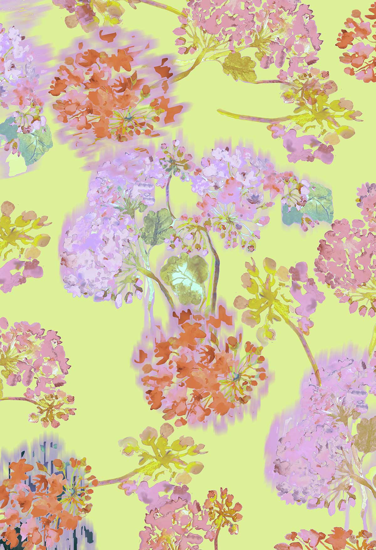 ©Byheart Design Sweden FL0016 — Geraniums Garden, watercolor floral print in yellow colorway. Seamless repeat, 300 DPI. Available for B2B licensing.