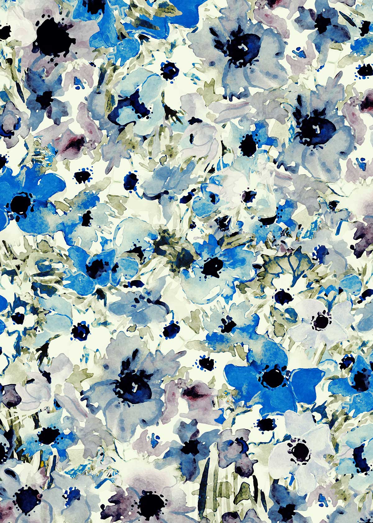 ©Byheart Design Sweden FL007 — Purple Flowers, watercolor floral print in Blue colorway. Seamless repeat, 300 DPI. Available for B2B licensing.