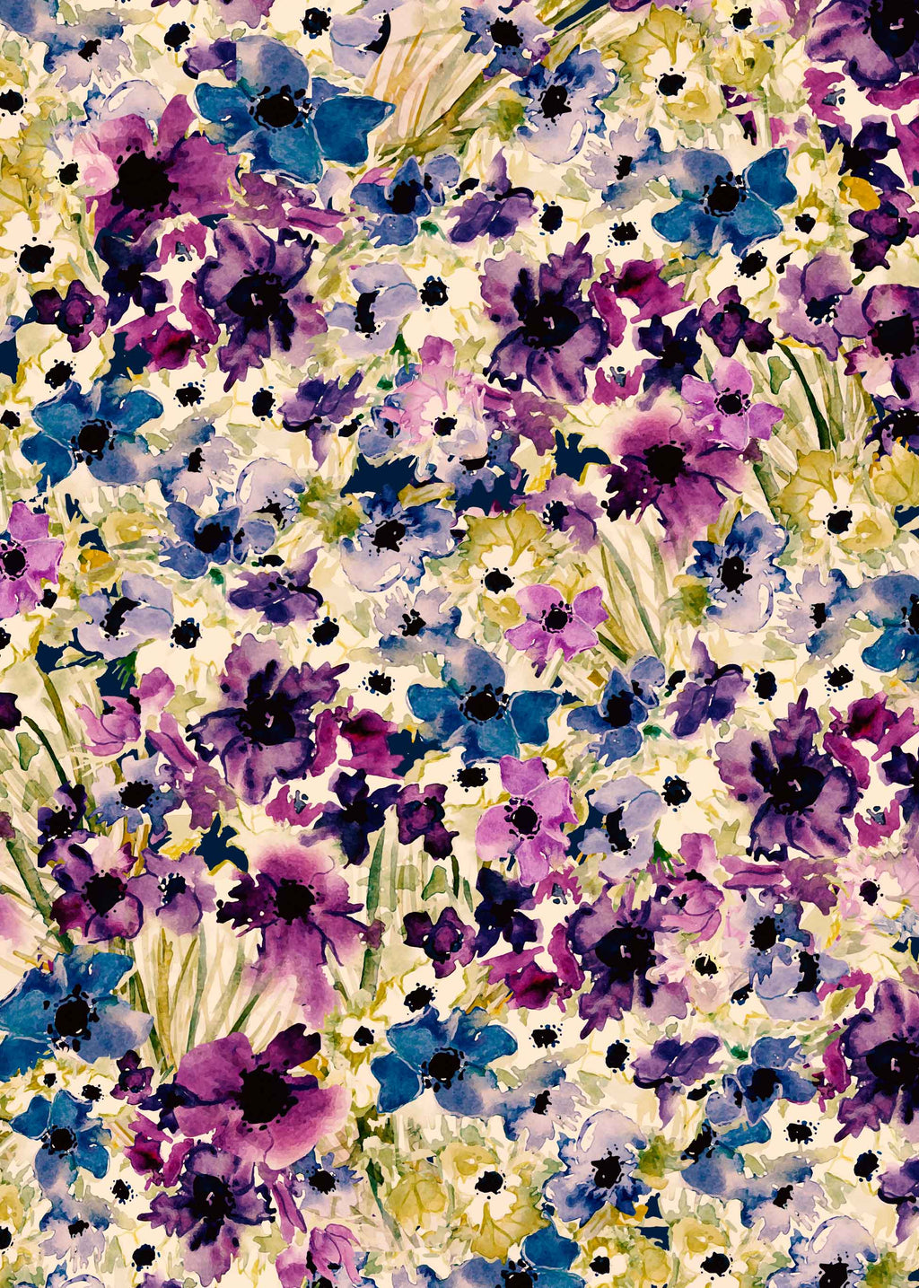 ©Byheart Design Sweden FL007 — Purple Flowers, watercolor floral print in Cardinal Purple colorway. Seamless repeat, 300 DPI. Available for B2B licensing.