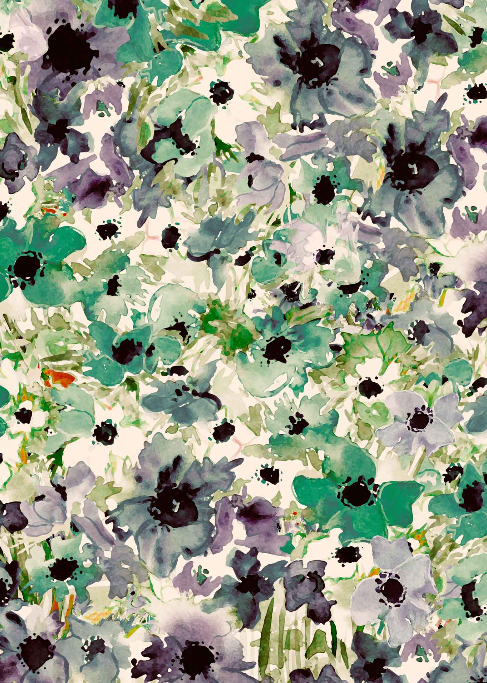 ©Byheart Design Sweden FL007 — Purple Flowers, watercolor floral print in Sea Green colorway. Seamless repeat, 300 DPI. Available for B2B licensing.