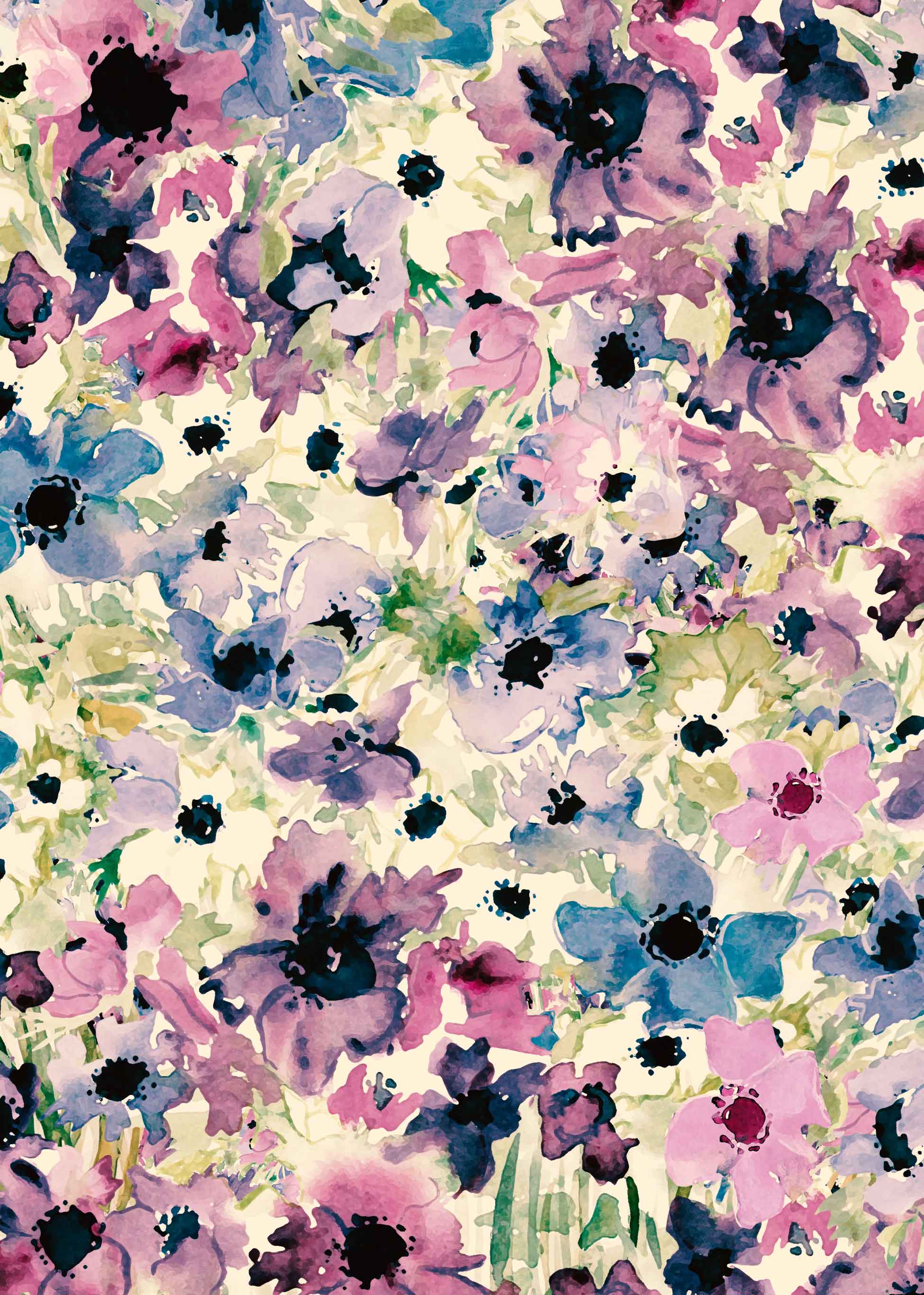 ©Byheart Design Sweden FL007 — Purple Flowers, watercolor floral print in Ditsy Pink  colorway. Seamless repeat, 300 DPI. Available for B2B licensing.