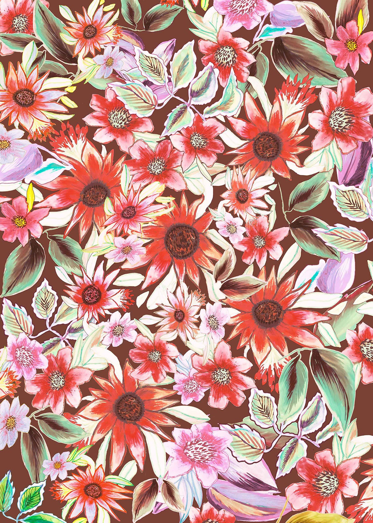 ©Byheart Design Sweden FL009 — Mexican Blooms, watercolor floral print in brown colorway. Seamless repeat, 300 DPI. Available for B2B licensing.