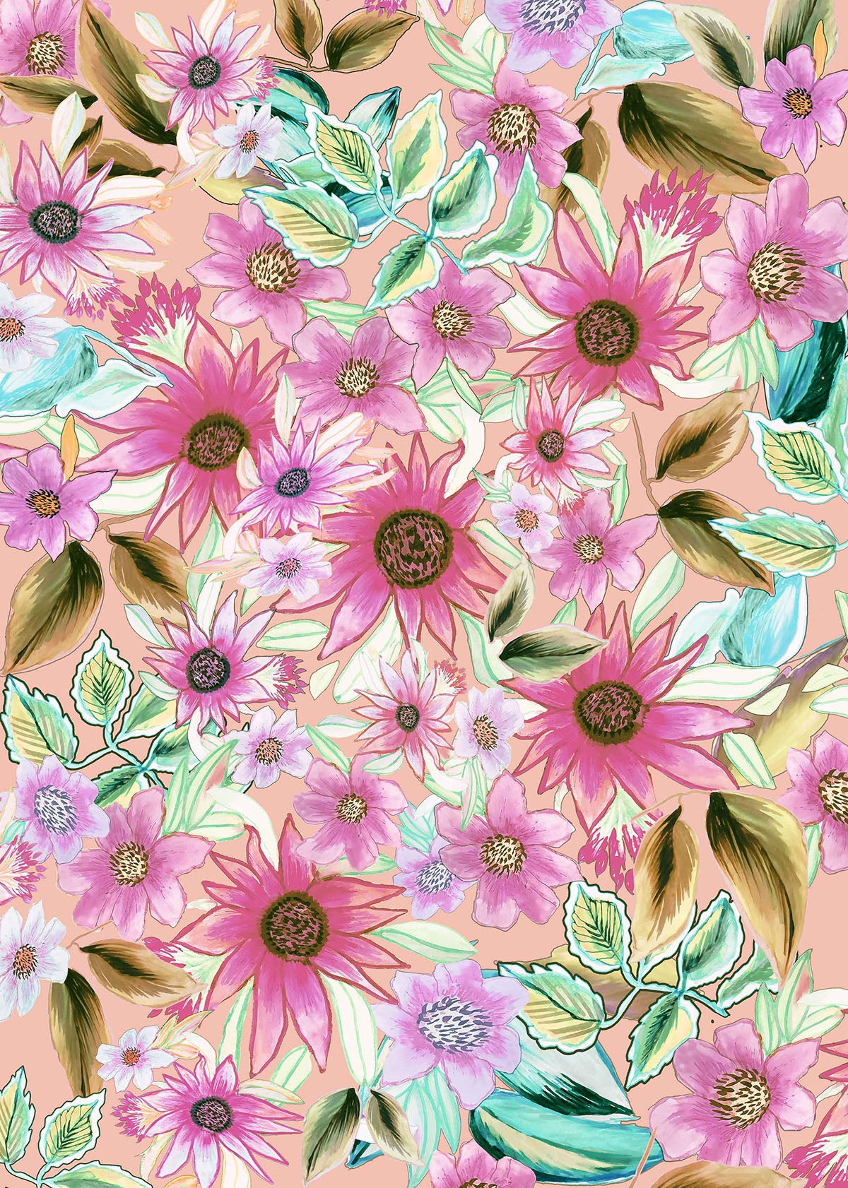 ©Byheart Design Sweden FL009 — Mexican Blooms, watercolor floral print in Coral colorway. Seamless repeat, 300 DPI. Available for B2B licensing.
