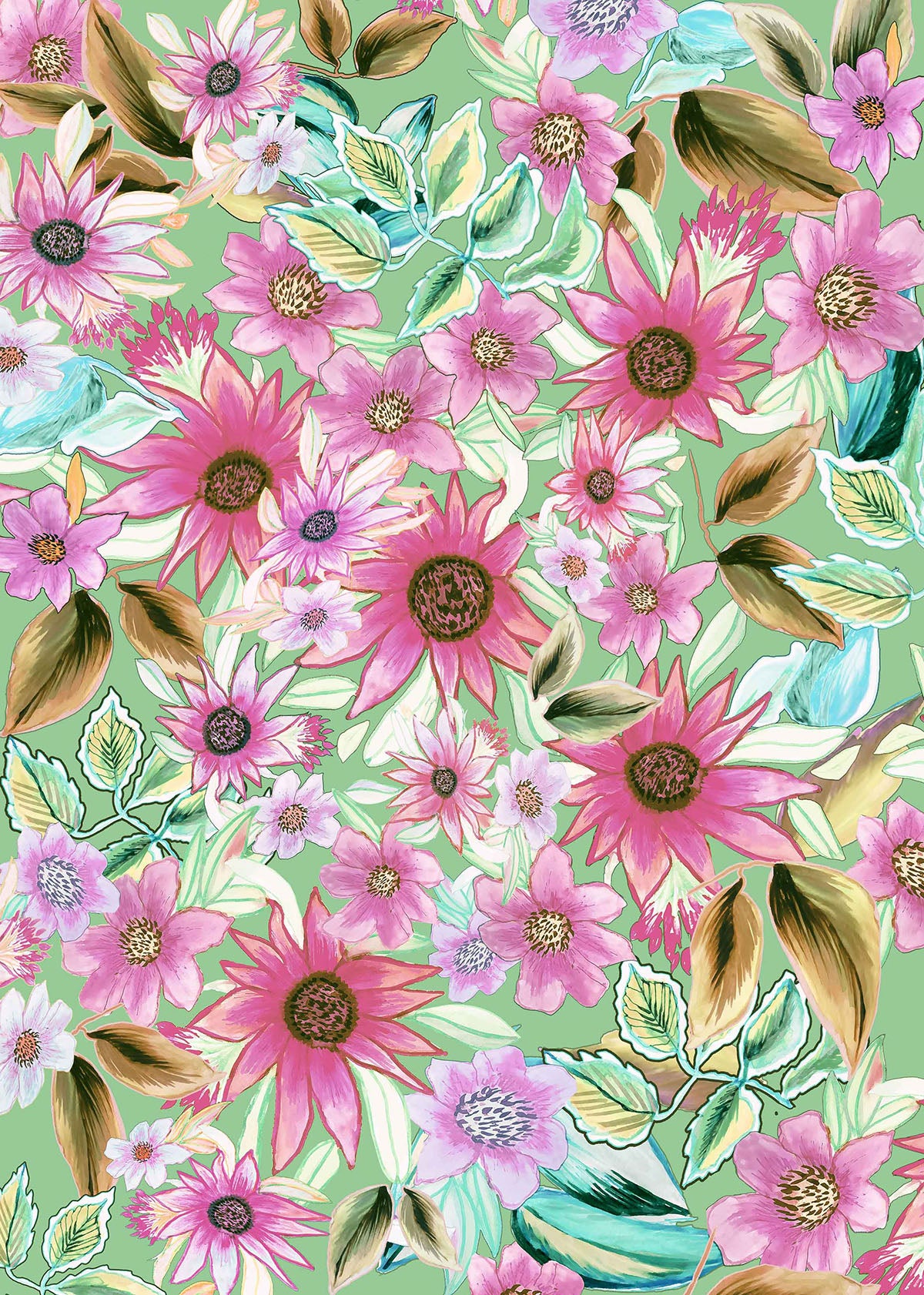 ©Byheart Design Sweden FL009 — Mexican Blooms, watercolor floral print in light fuschsia colorway. Seamless repeat, 300 DPI. Available for B2B licensing.