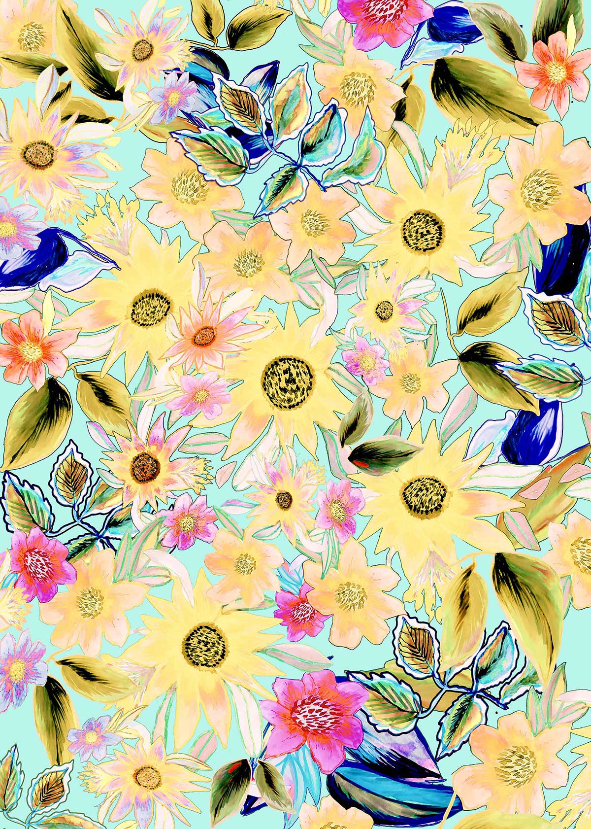 ©Byheart Design Sweden FL009 — Mexican Blooms, watercolor floral print in Mimosa yellow colorway. Seamless repeat, 300 DPI. Available for B2B licensing.