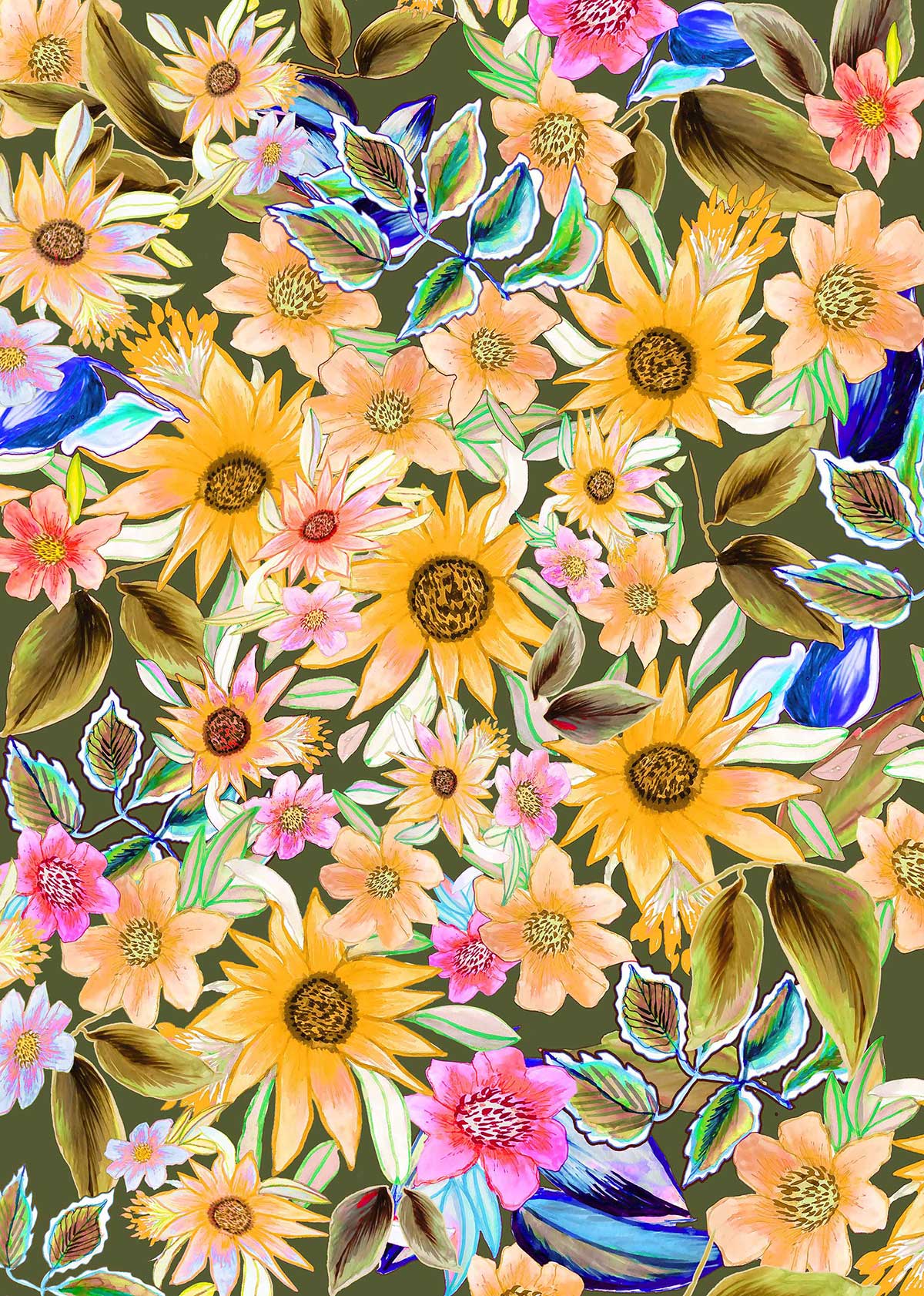 ©Byheart Design Sweden FL009 — Mexican Blooms, watercolor floral print in light orange  colorway. Seamless repeat, 300 DPI. Available for B2B licensing.