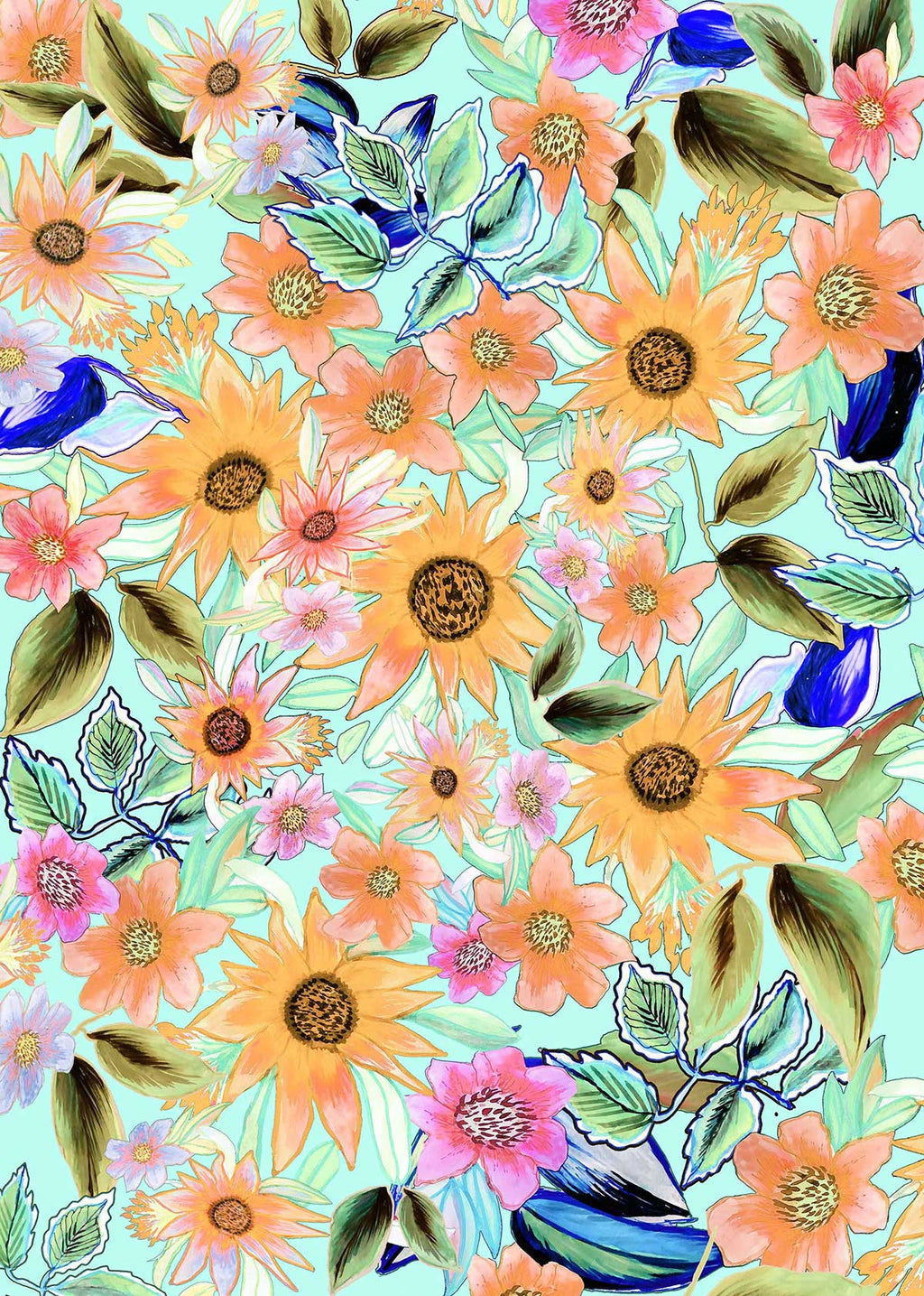 ©Byheart Design Sweden FL009 — Mexican Blooms, watercolor floral print in peach colorway. Seamless repeat, 300 DPI. Available for B2B licensing.