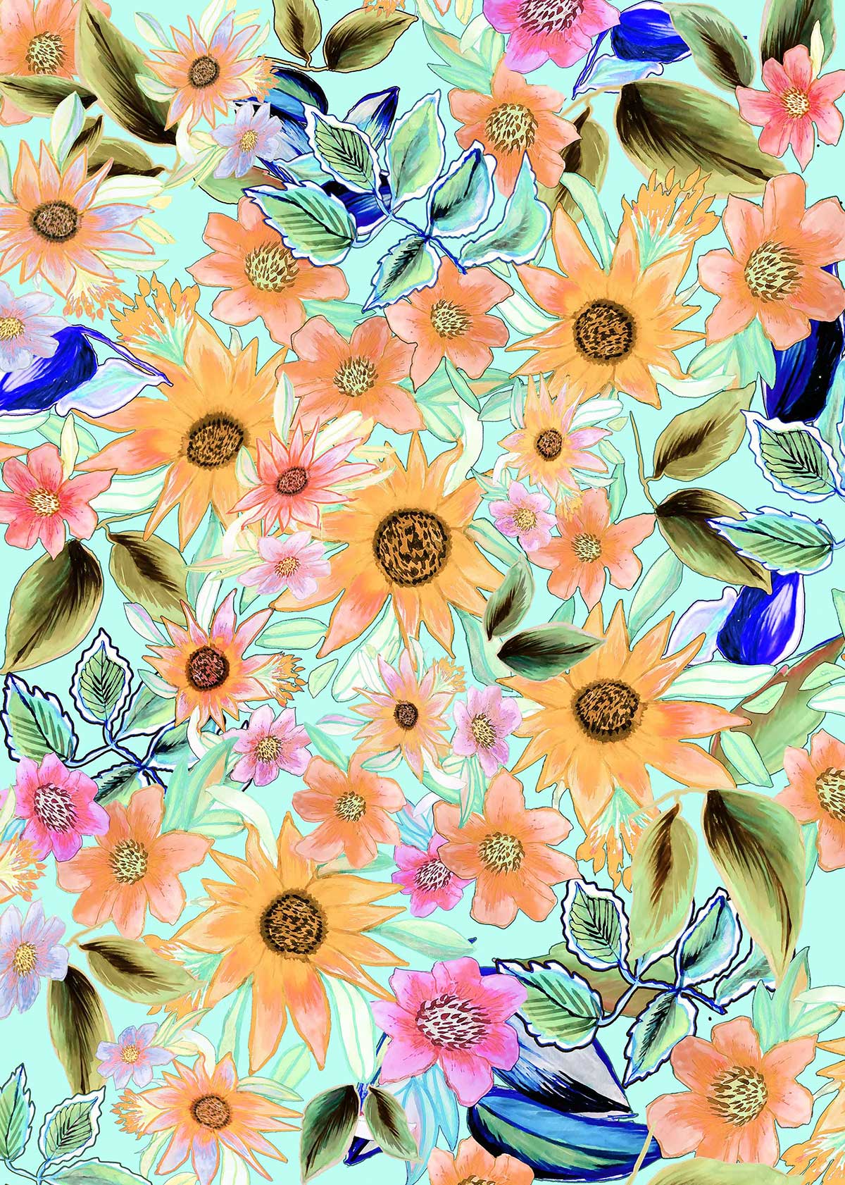 ©Byheart Design Sweden FL009 — Mexican Blooms, watercolor floral print in peach colorway. Seamless repeat, 300 DPI. Available for B2B licensing.
