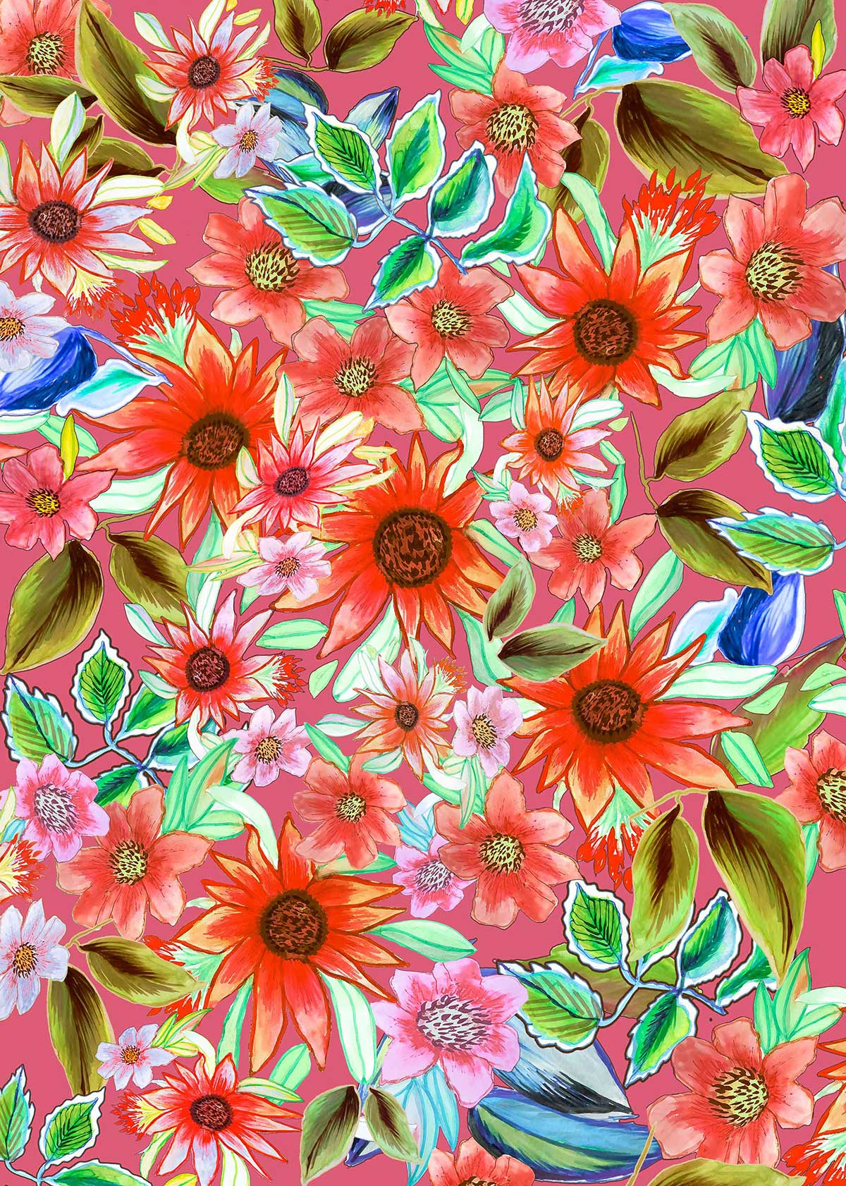 ©Byheart Design Sweden FL009 — Mexican Blooms, watercolor floral print in red colorway. Seamless repeat, 300 DPI. Available for B2B licensing.
