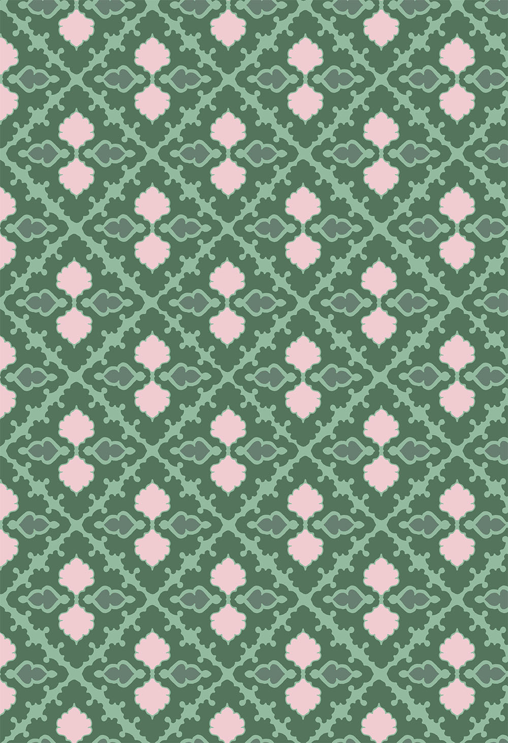 ©Byheart Design Sweden GEO0001-CW001 — Stars, ornamental geometric pattern in forest green, sage and pale pink. Available for B2B licensing.