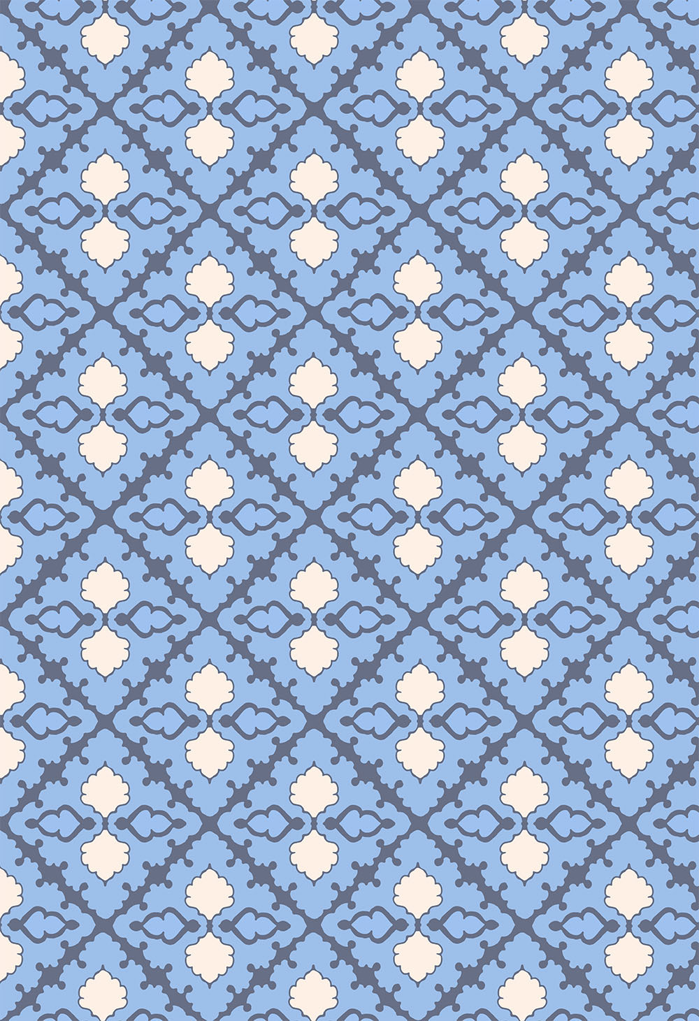 ©Byheart Design Sweden GEO0001-CW005 — Stars, ornamental geometric pattern in powder blue, slate blue and ivory. Available for B2B licensing.