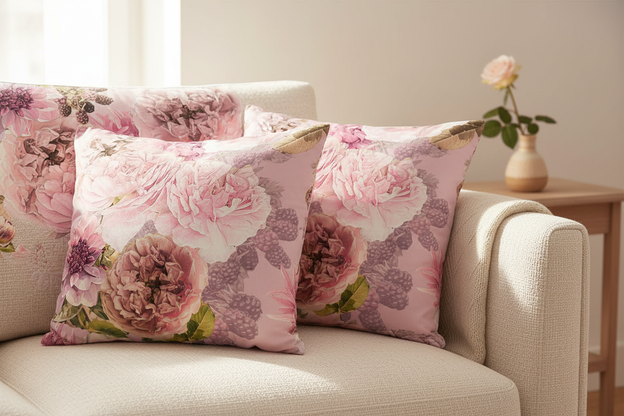 Black Garden print close-up on designer sofa with decorative cushions