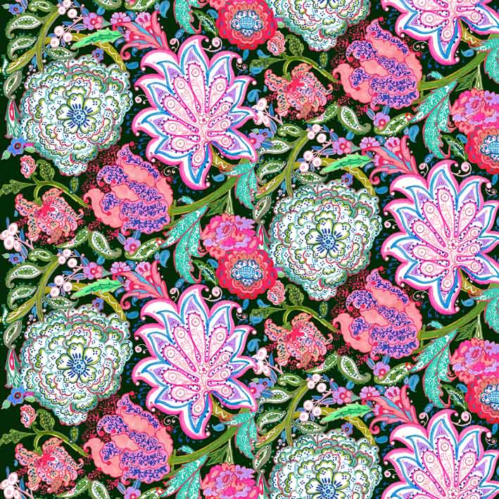 ©Byheart Design Sweden PA0004 — Fantasygarden, ornate pink and mint floral motifs with green foliage on a dark background.