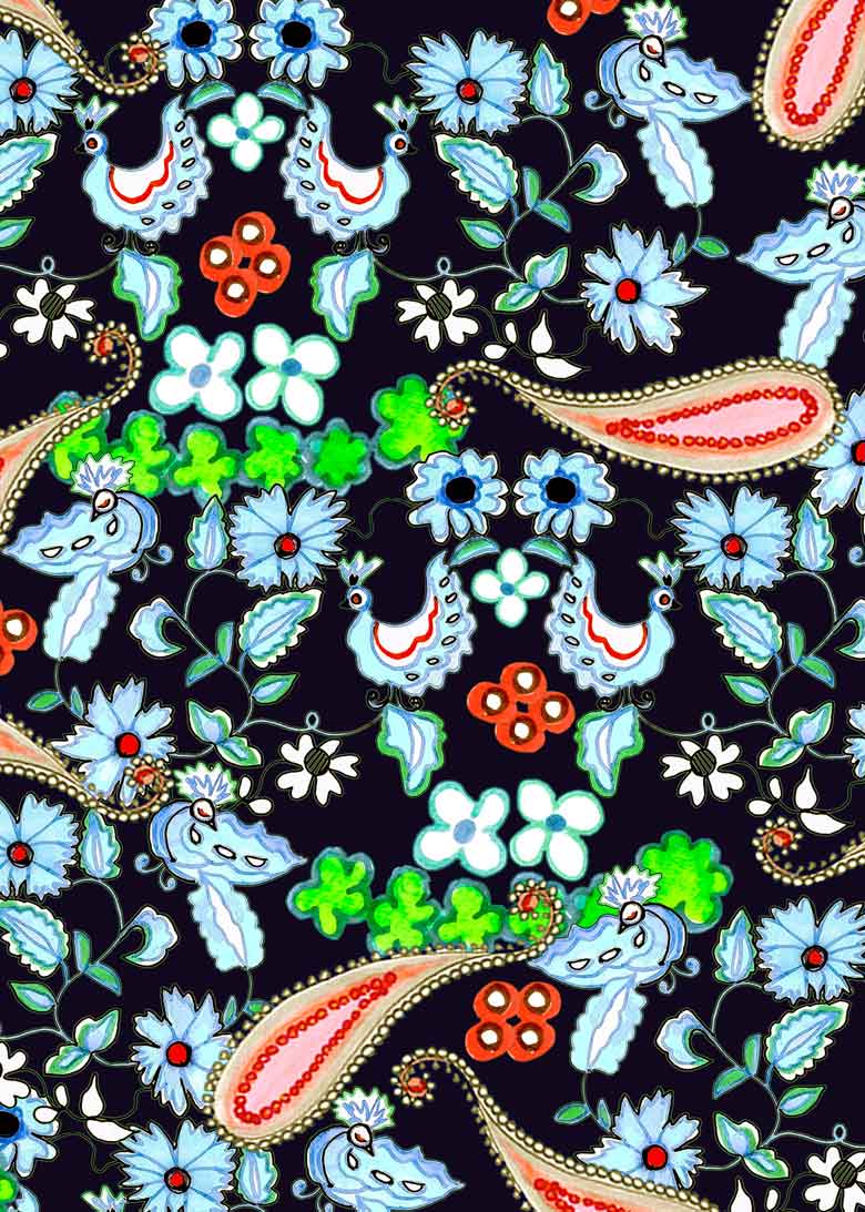 ©Byheart Design Sweden PA0005 — Paisley Dreams, cream and coral paisley motifs with pale blue birds, flowers and green foliage on a dark background.