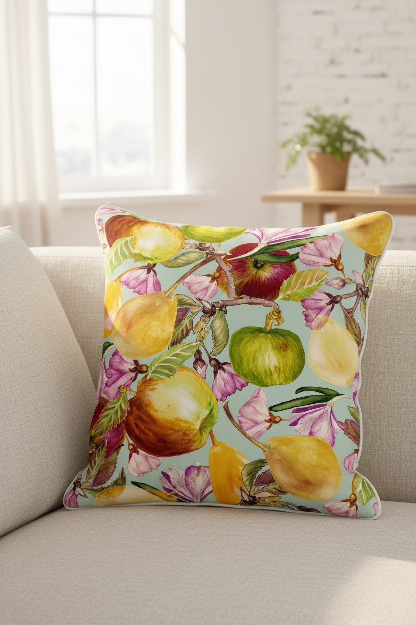 Apple Garden Cushion Green Pastel Mockup — Watercolor Fruit Print FR002 ©Byheart Design Sweden
