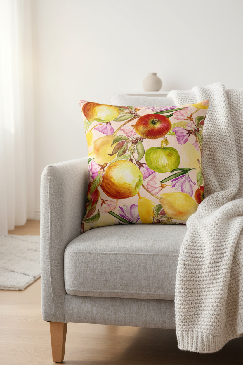 Apple Garden Cushion Peach Pink Mockup — Watercolor Fruit Print FR002 ©Byheart Design Sweden
